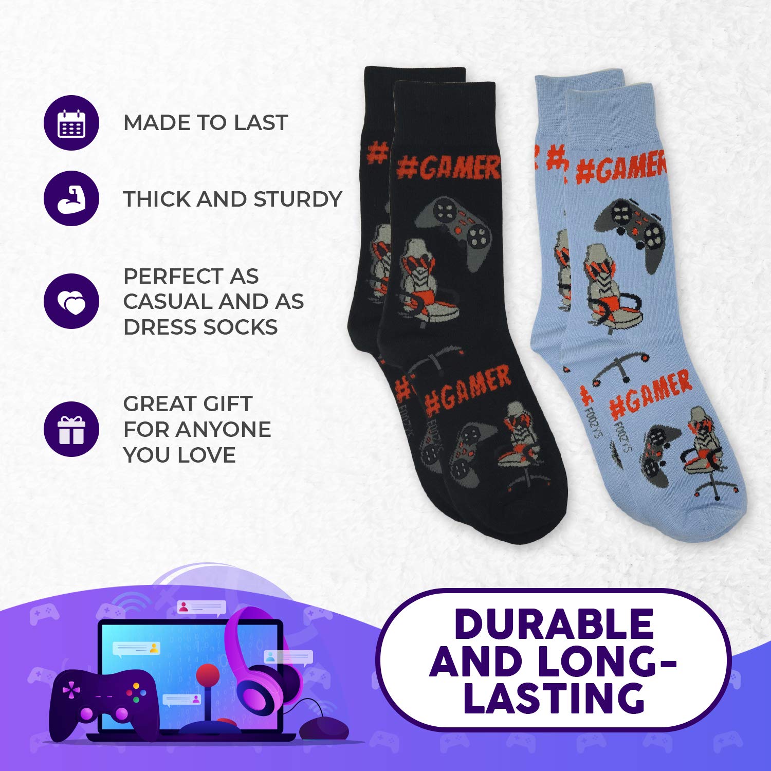 Foozys Men's Crew Socks - Funny Novelty Socks for Gamers & Late Night Parties - 2 Pairs Pack - Perfect for Gaming Sessions & Casual Wear