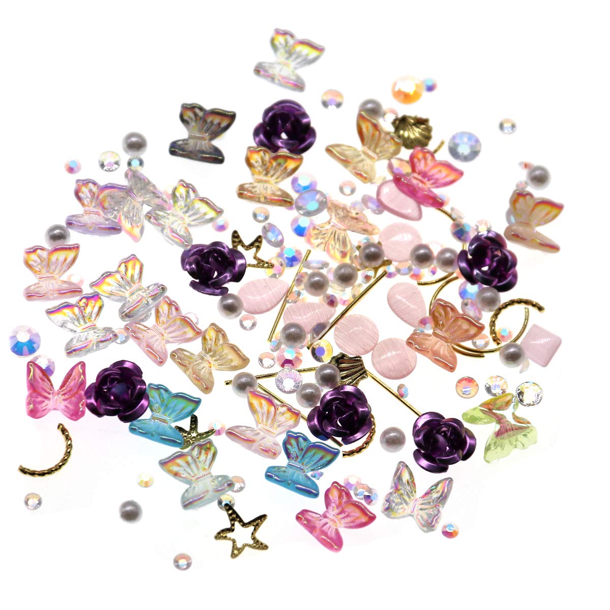3D Butterfly Rose Nail Charms with Rhinestones & Pearls - Aurora Colorful Nail Art Glitter Stickers for Women & Girls - DIY Manicure Decorations for Parties, Weddings & Special Occasions (Light Purple)