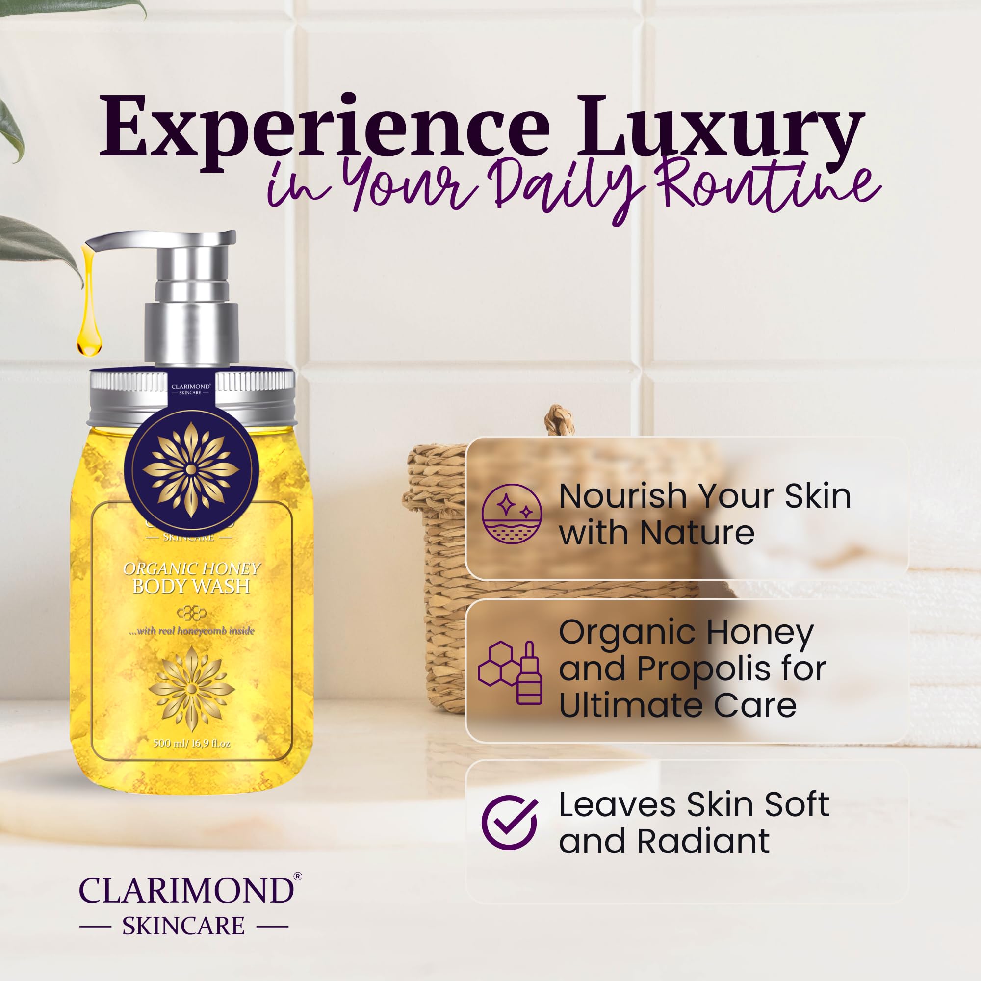 Clarimond Honey Body Wash with Real Honeycomb & Propolis - Deep Nourishing, Foaming Exfoliator for Soft Glowing Skin - Paraben & Sulfate Free - Perfect for Dry Skin & Daily Hydration