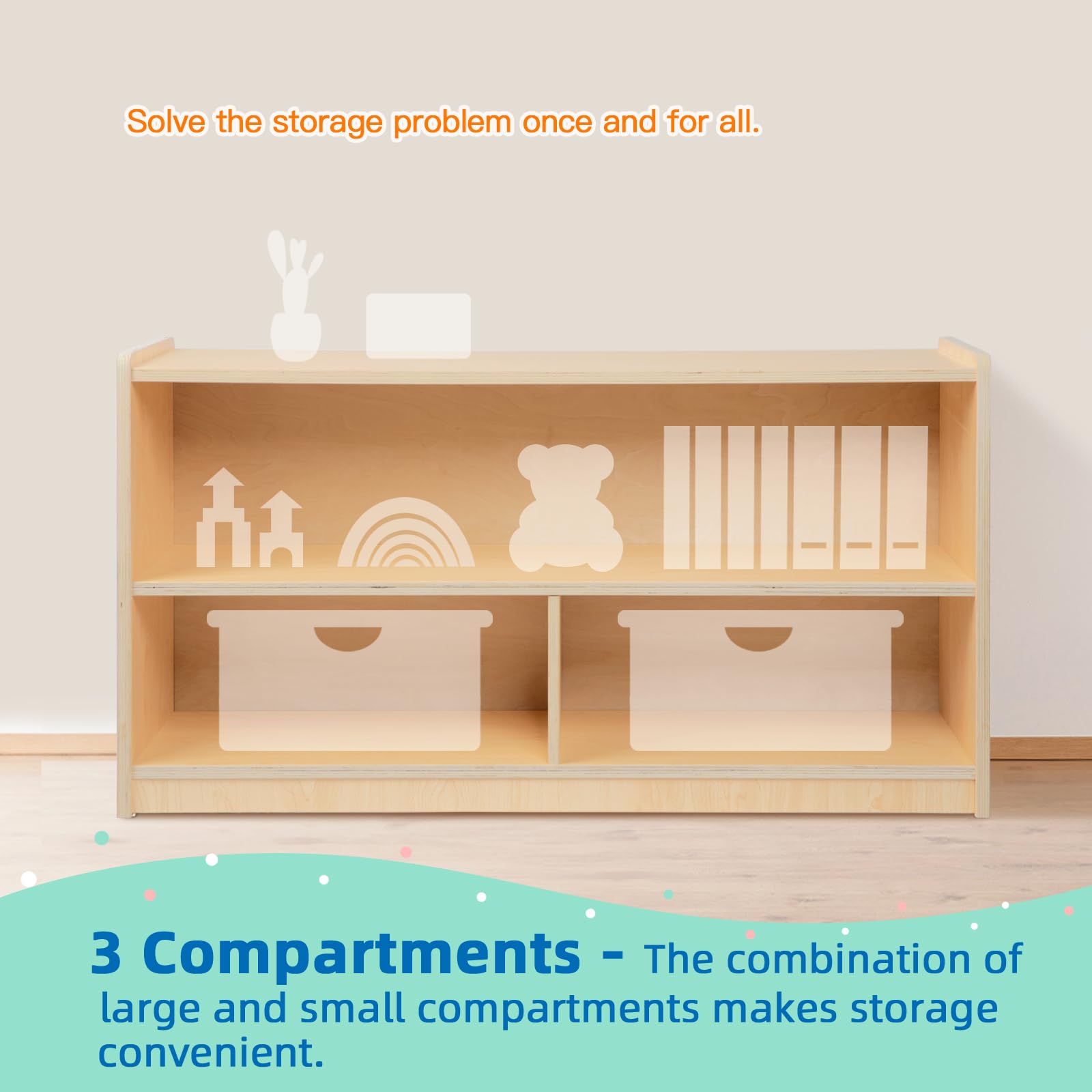 Montessori Toy Organizer for Kids - 2-Shelf Wooden Storage Cabinet with 3 Sections - Perfect for Classroom, Kindergarten, Playroom & Kids Room - Ideal for Organizing Toys, Books & Learning Materials