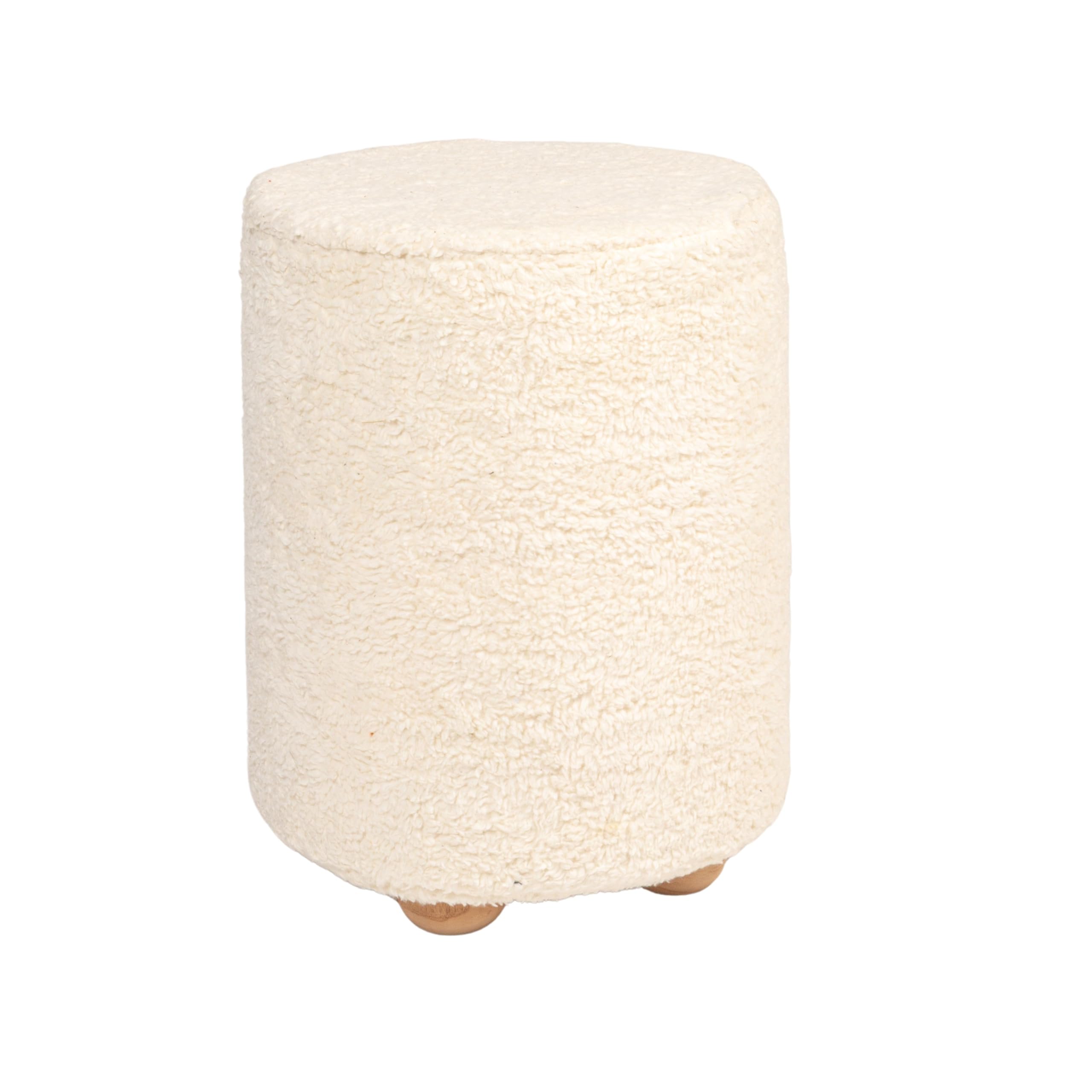 Bloomingville Round Cotton Sherpa Pouf Ottoman with Pine Wood Feet - Cream - Perfect for Living Room, Bedroom, or Nursery Seating & Footrest