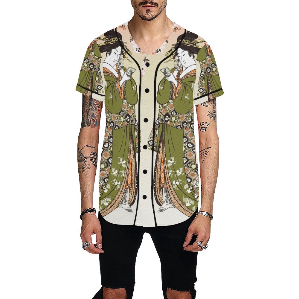Vintage Ukiyo-E Print Men's Baseball Jersey Button Down T-Shirt - Japanese Art Inspired Casual Shirt for Streetwear, Cosplay & Anime Fans