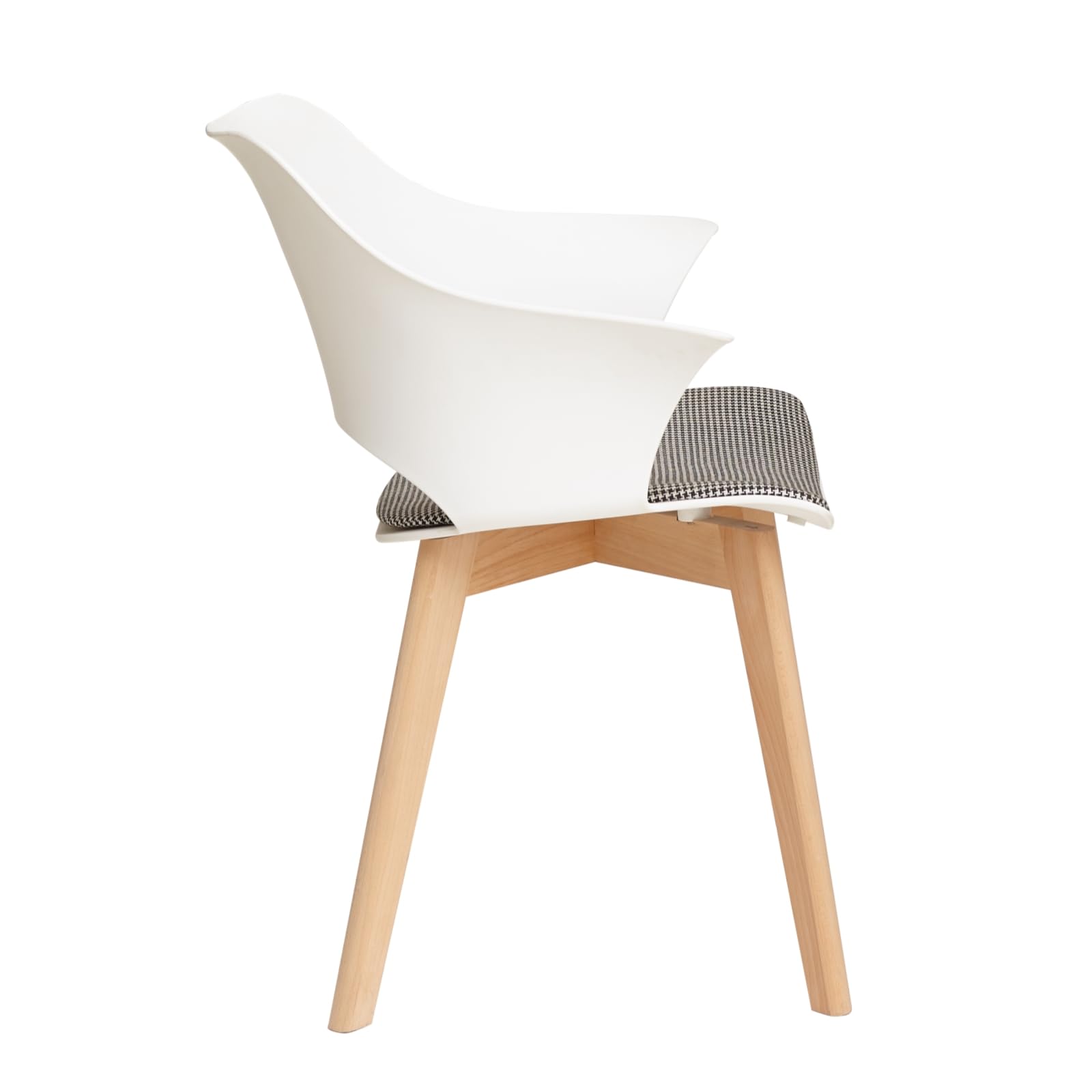 Modern Nordic Style Dining Chairs Set of 4 - White Linen Plaid Upholstered Kitchen Chairs with Armrests & Beech Wood Legs for Home, Restaurant, and Cafe Decor