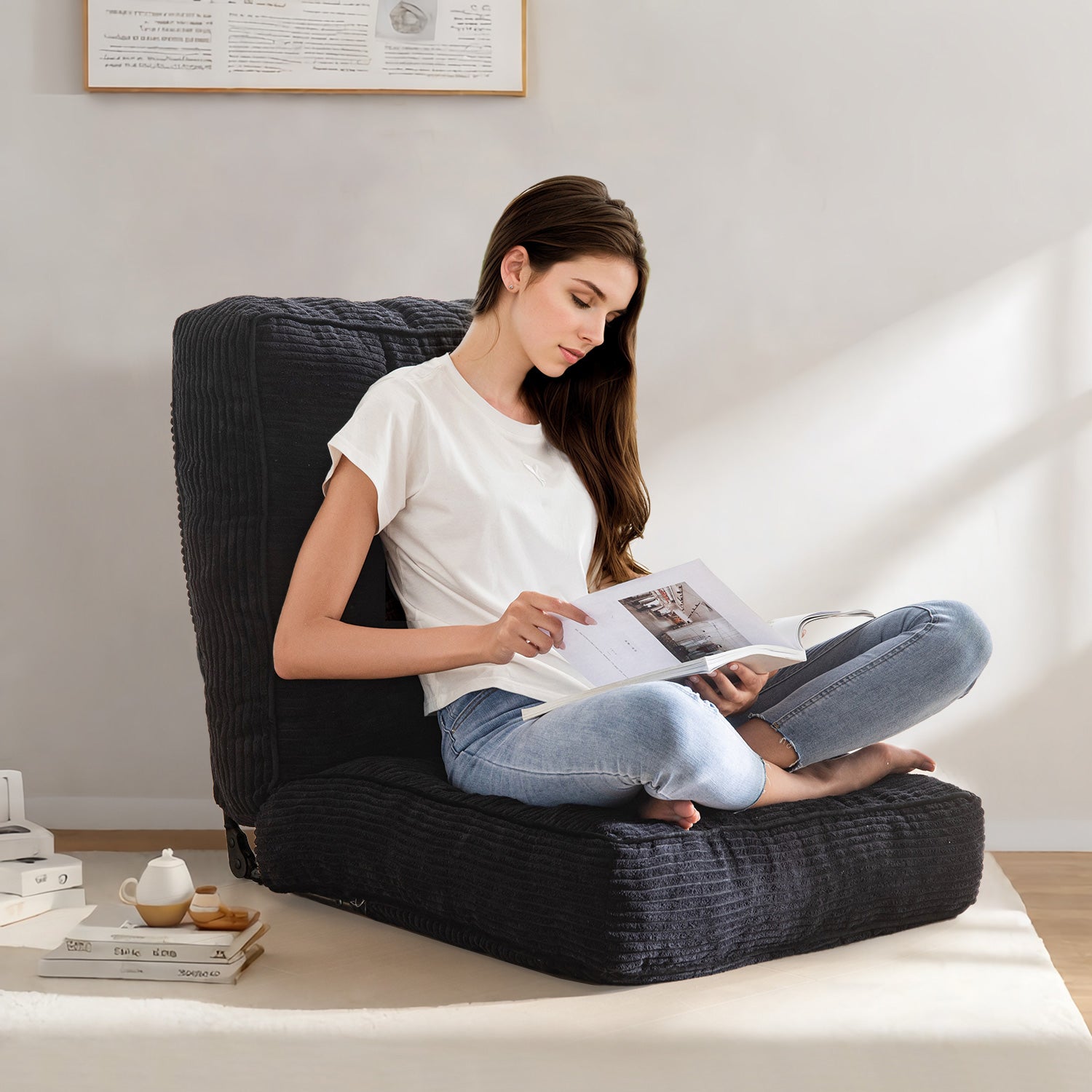 MAXYOYO Adjustable Floor Chair with Lumbar Support - Ergonomic Gaming & Meditation Seat for Adults - Comfortable Black Floor Cushion for Living Room, Bedroom & Office Use
