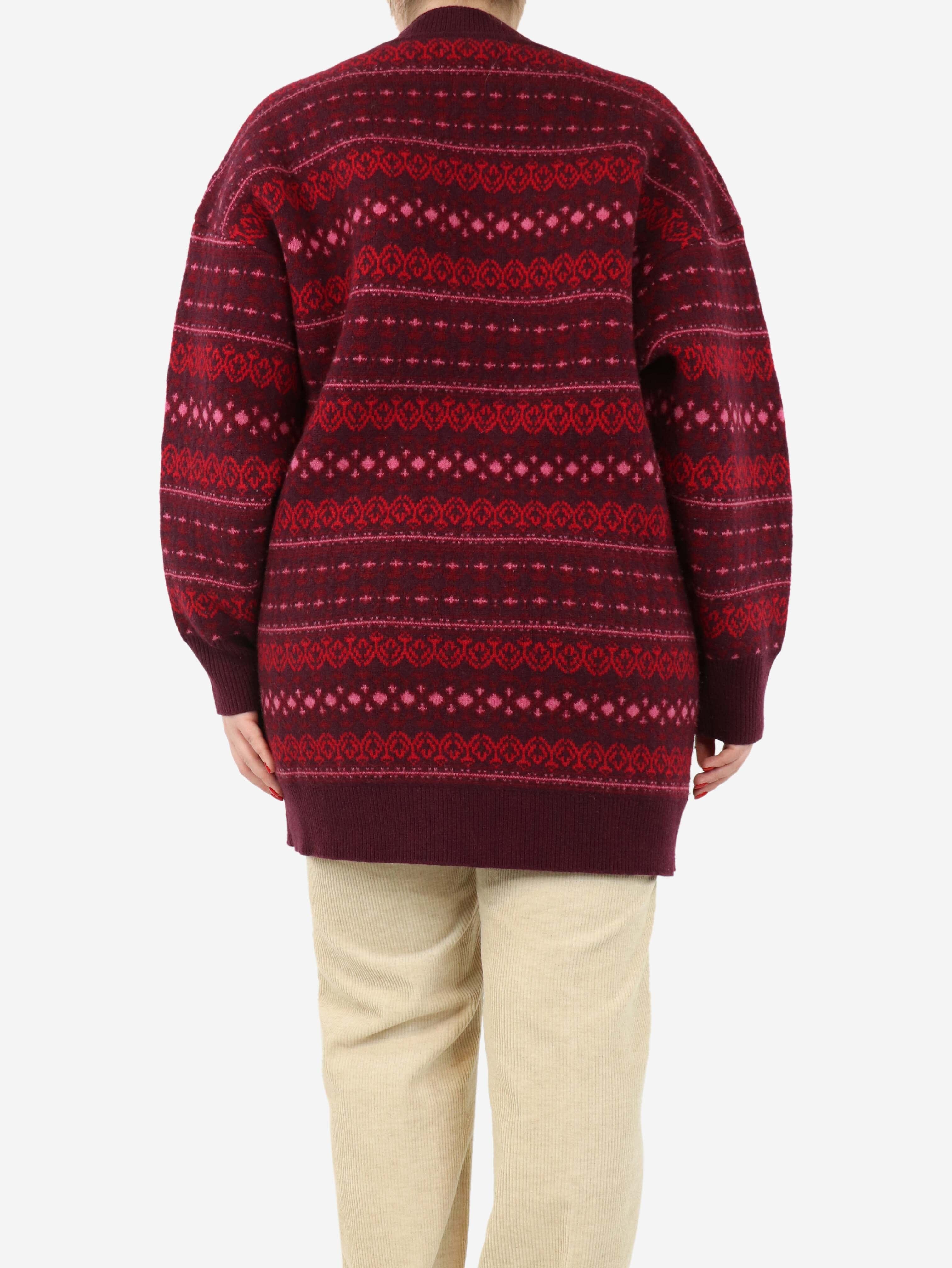 Burgundy Fair Isle Wool Cardigan for Women - UK Size 12 | Warm Winter Knit Sweater for Holiday Parties & Casual Outfits