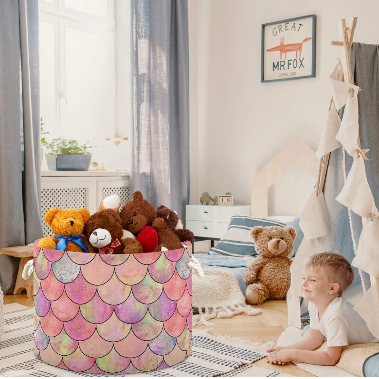 Visesunny Collapsible Large Capacity Storage Basket - Pink Mermaid Scale Design with Durable Cotton Handles | Perfect for Organizing Clothes, Toys, Laundry in Bedroom, Bathroom, Nursery & Closet | Space-Saving Home Organization Solution