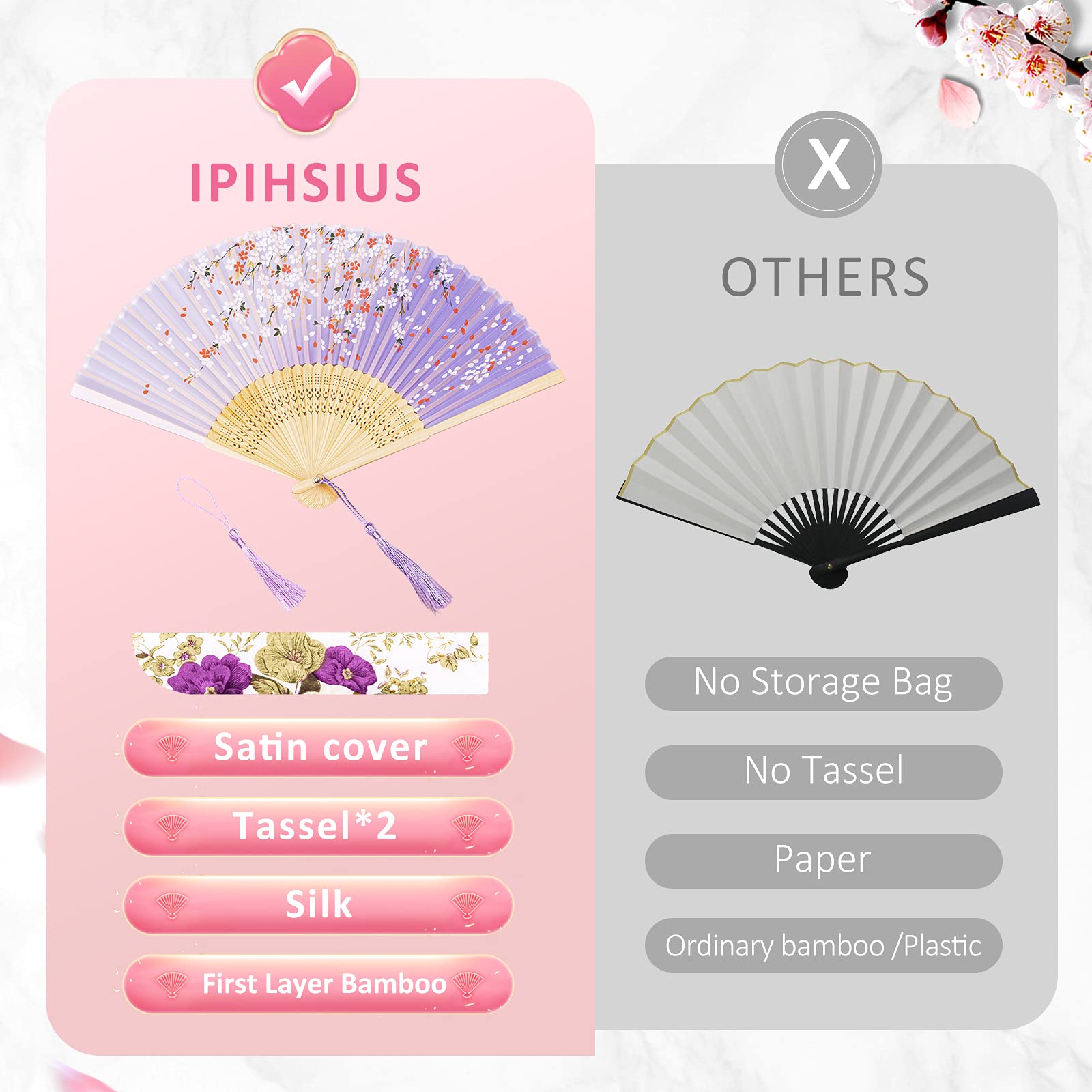 Elegant Slik Folding Hand Fan - Premium Bamboo Frame with Storage Bag & Tassel | Cooling, Performance, Decoration & Gift | Classic Ink Plum Violet Gradient Design | Perfect for Summer, Weddings, Theater & Home Décor