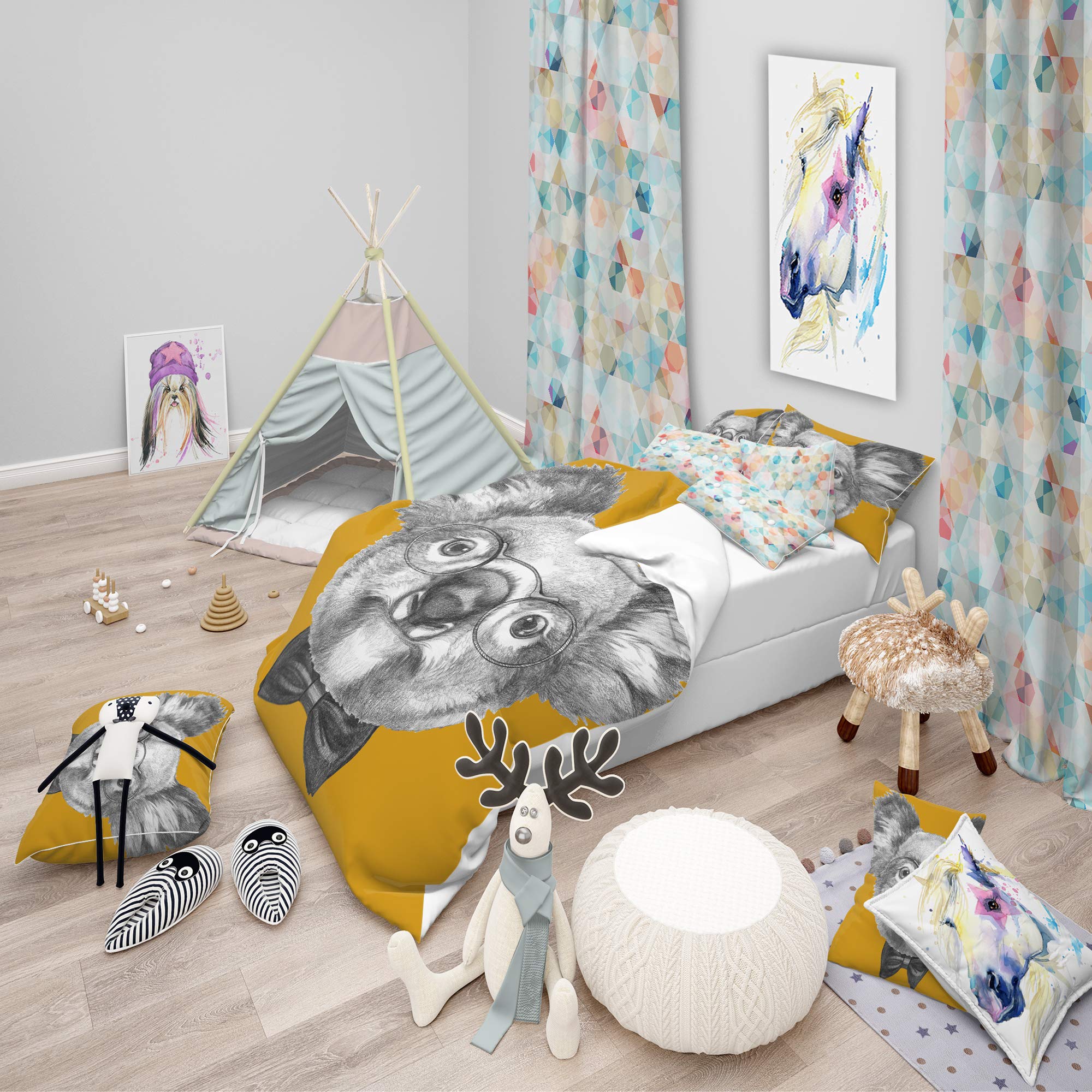 DesignQ Koala with Glasses & Bow Tie Duvet Cover Set - Grey 3-Piece Queen Size Animal Print Bedding | All-Season Comfort for Kids Rooms, Guest Bedrooms & Cozy Home Decor