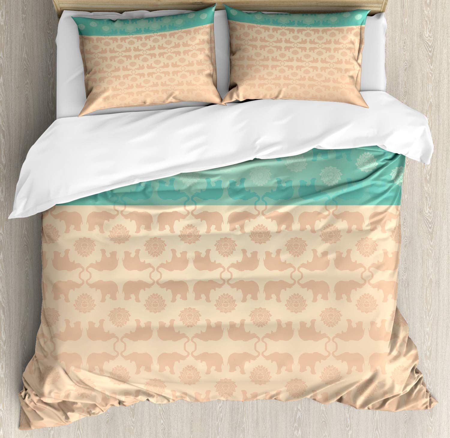 Ambesonne Ethnic Duvet Cover Set - King Size 2-Pack with 2 Duvet Covers & 4 Pillowcases | Pastel Abstract Floral Swirls Animal Design in Turquoise & Coral | Soft Bedding Set for Master Bedroom, Guest Room & Dorm Decor