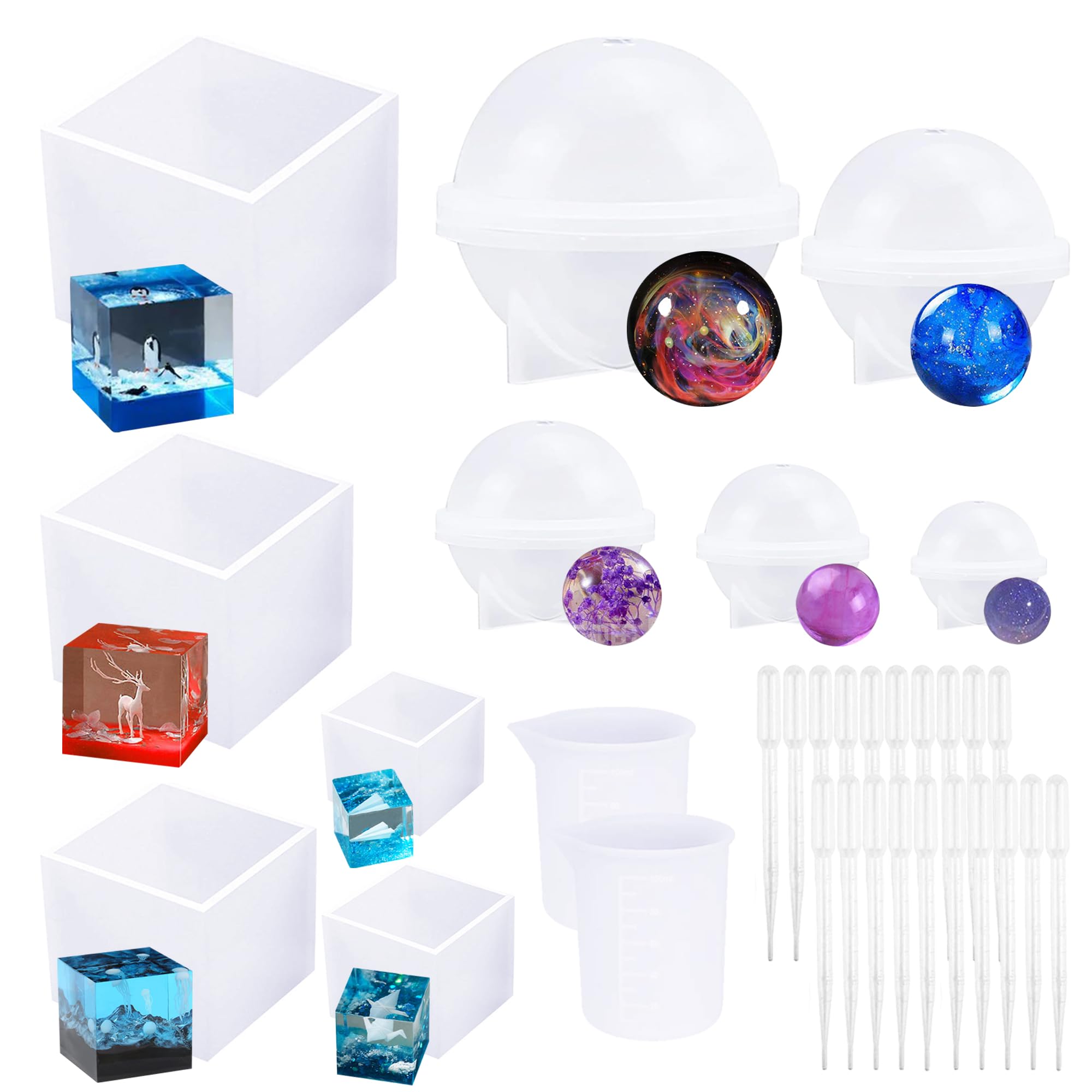 32 PCS Silicone Resin Molds Set - Sphere & Square Epoxy Jewelry Casting Molds with Measuring Cup for DIY Jewelry Making - Perfect for Resin Art, Pendants, Charms and Craft Projects