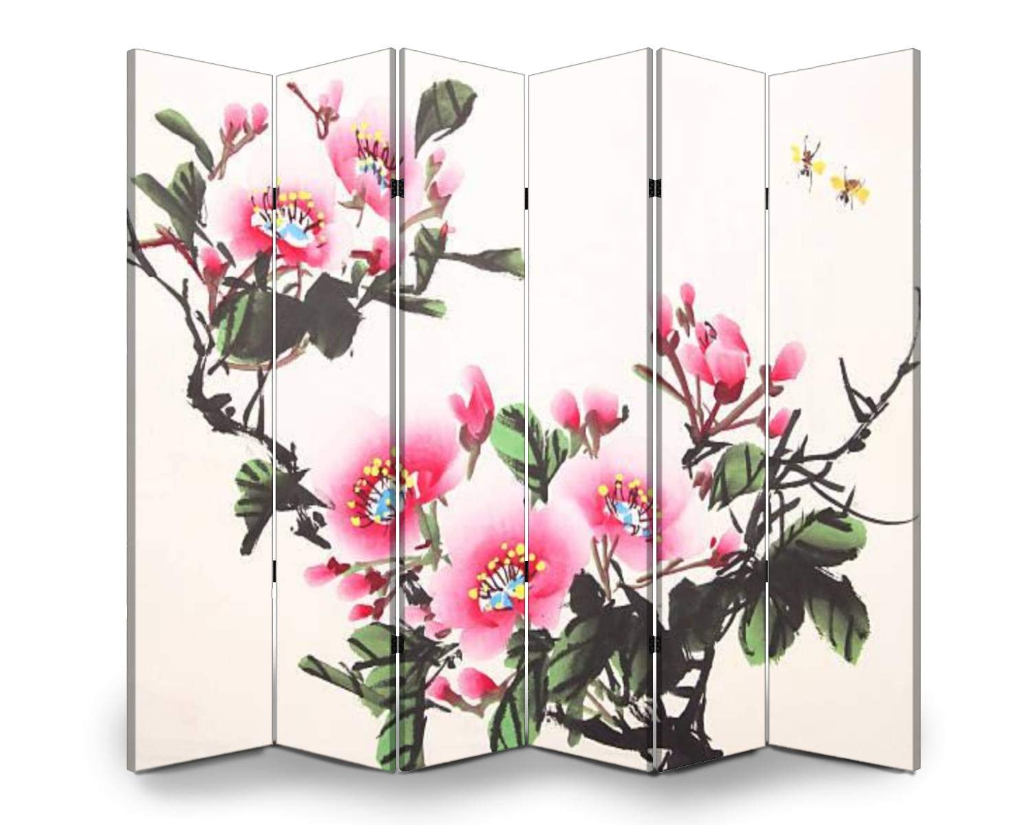 6-Panel Folding Room Divider with Chinese Peony Ink Drawing - Freestanding Privacy Screen for Indoor/Outdoor Use - Perfect for Home Office, Bedroom Partition, and Event Space Separation