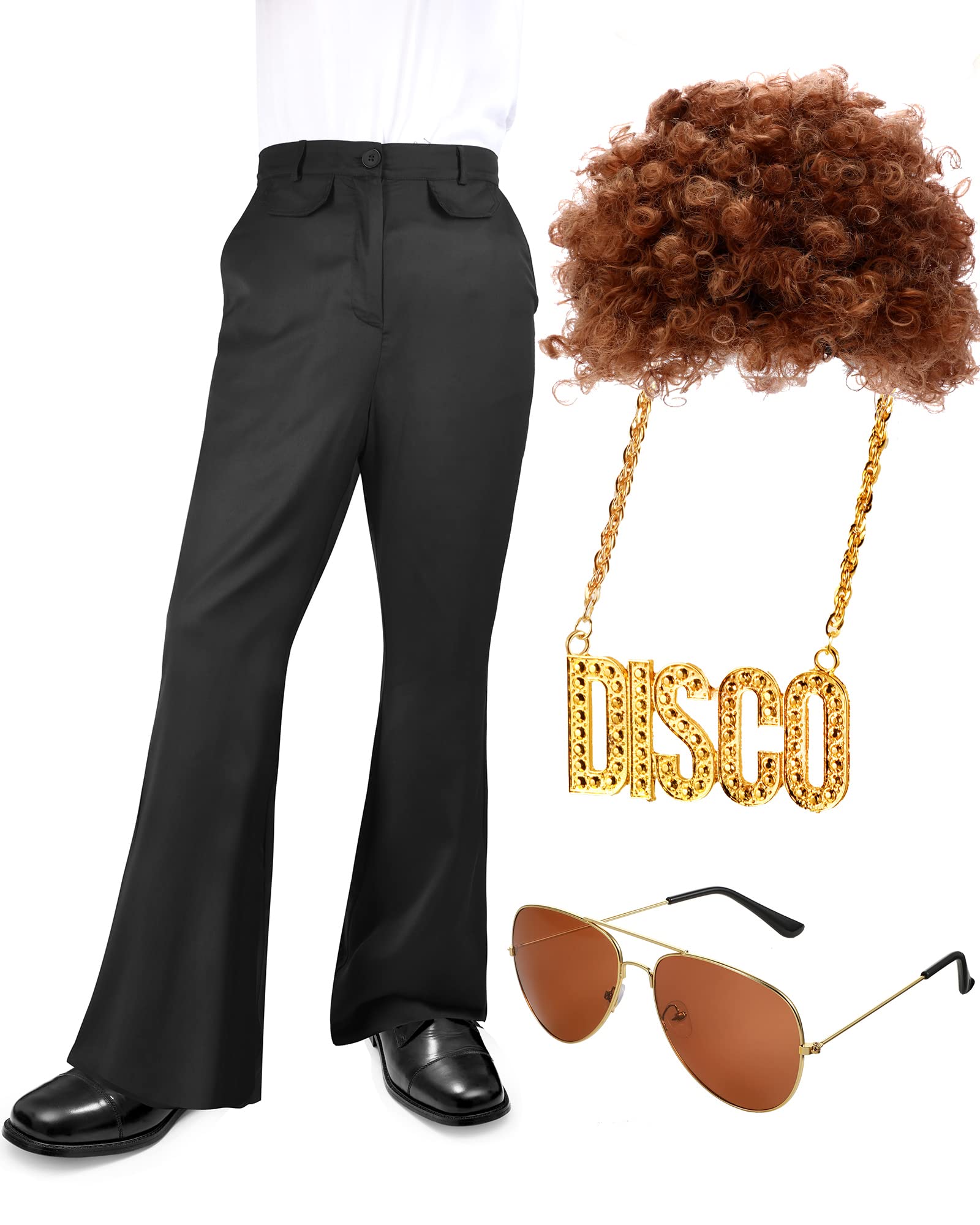 Geyoga 70s Disco Costume for Men - Retro Bell Bottom Pants with Wig, Sunglasses & Necklace Set - Perfect for Halloween Parties, Themed Events and 70s Dance Costumes