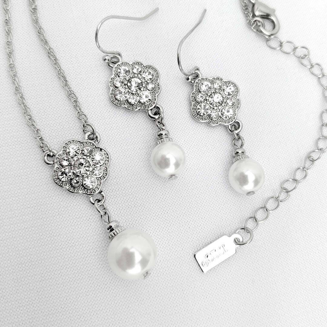1928 Bridal Crystal Cluster & Faux Pearl Drop Earrings - Vintage Inspired Wedding Jewelry for Brides, Bridesmaids & Formal Occasions