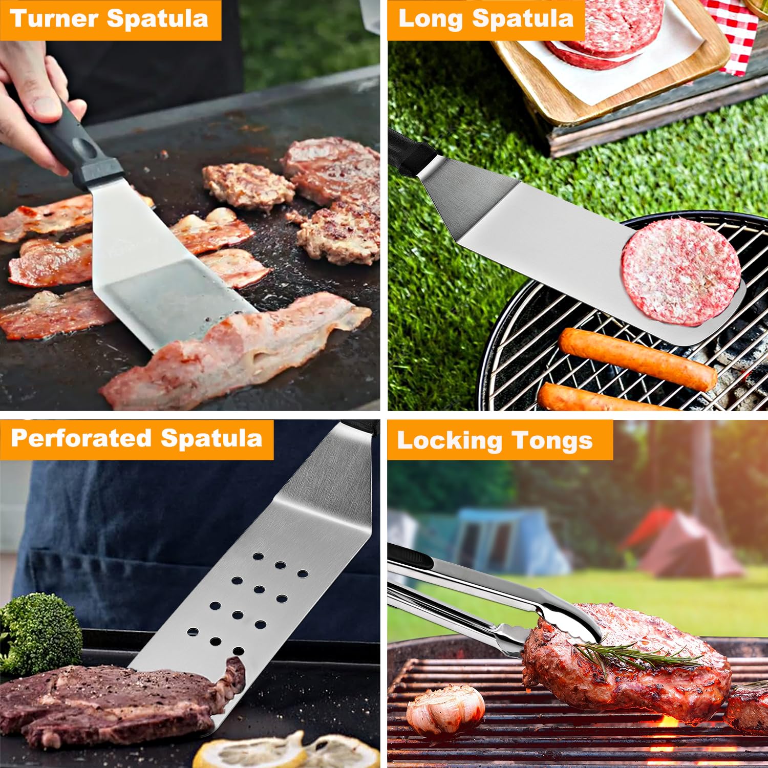 POLIGO 25-Piece Flat Top Griddle Accessories Kit - Stainless Steel Teppanyaki Tools Set with Spatula, Chopper, Tongs, Cleaning Brush & Storage Bag - Perfect for Indoor/Outdoor BBQ, Camping & Backyard Cooking - Great Gift for Grill Lovers & Home Chefs