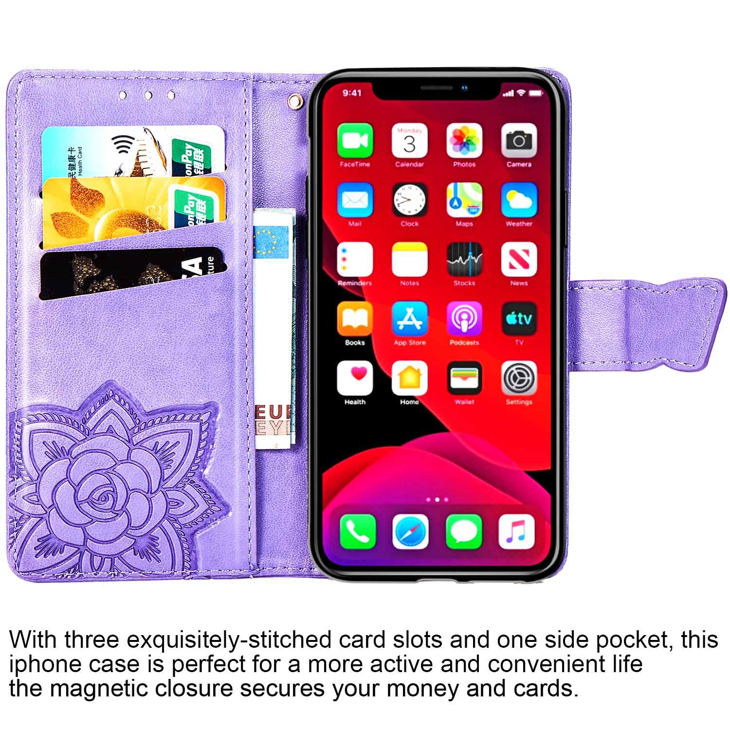 Butterfly Flower iPhone 11 Pro Max Wallet Case with Card Slots & Stand - for Work & Travel