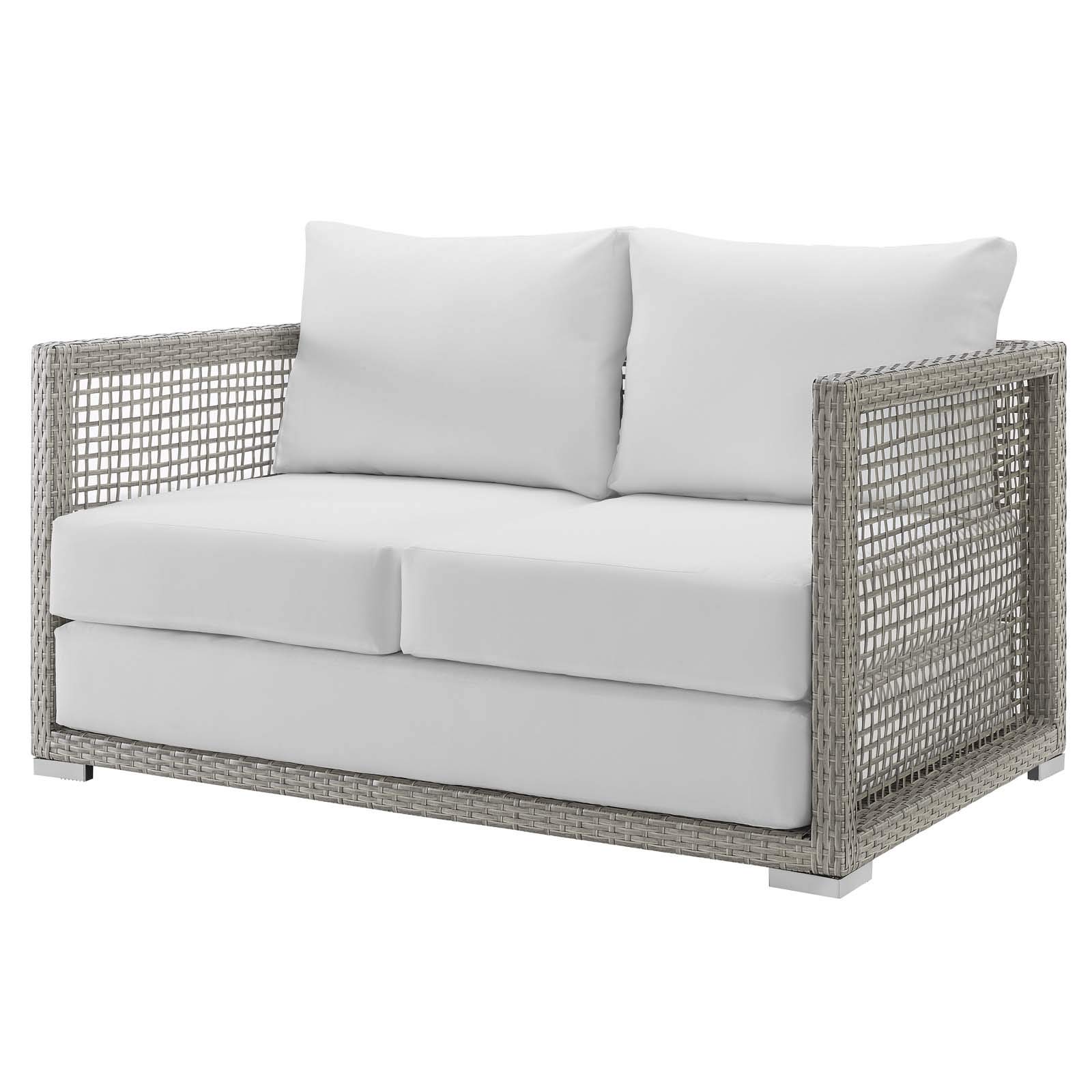 Modern Outdoor Patio Lounge Sofa Set with Rattan Wicker Fabric - 3-Piece Grey/White Furniture for Garden, Poolside & Backyard Relaxation