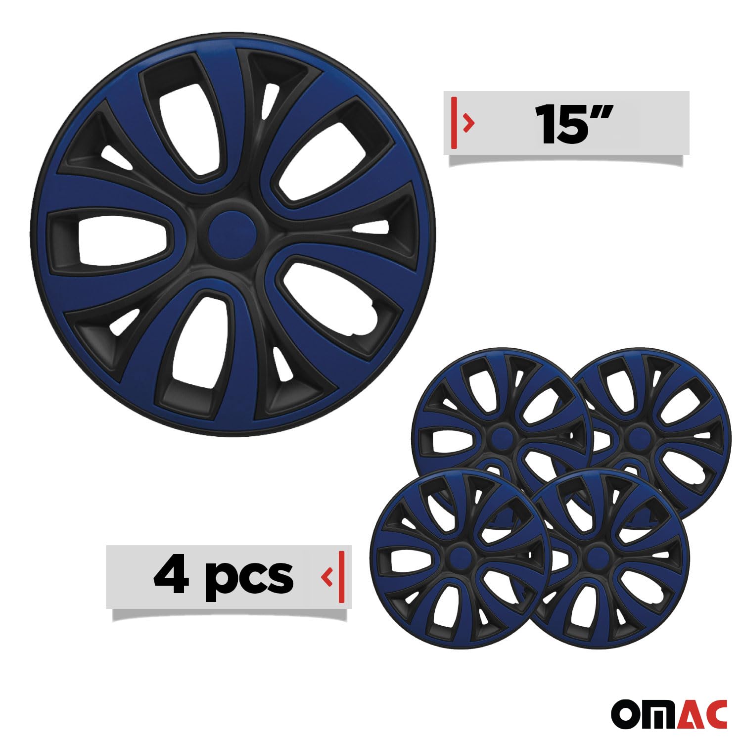 OMAC 15 Inch Matt Black with Dark Blue Hub Caps - Set of 4 Premium Snap-On Wheel Covers | Durable Car Rim Accessories for Replacement & Style Upgrade | Perfect for Sedans, SUVs and Trucks
