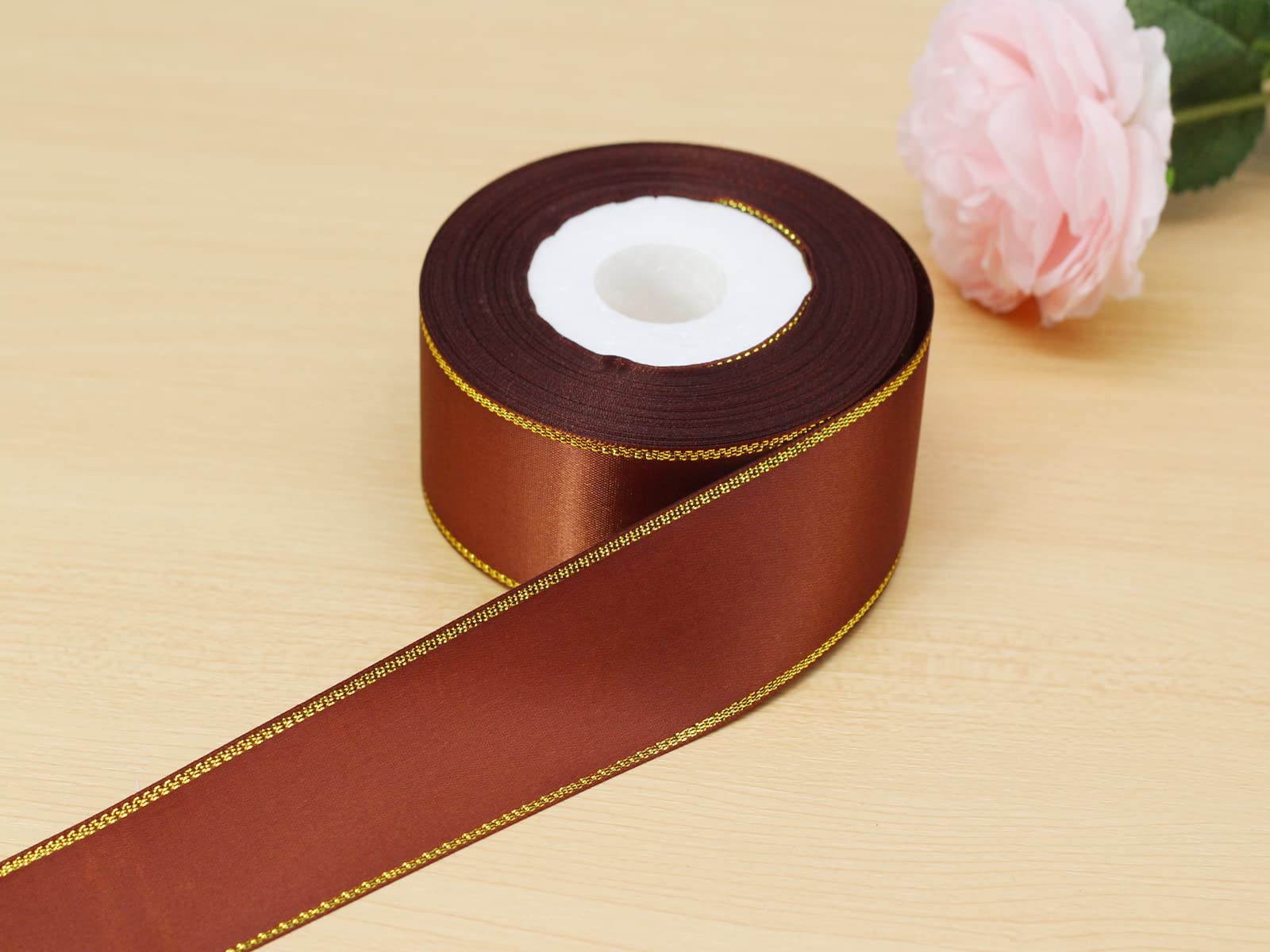 1 1/2 Inch 25 Yards Brown Satin Ribbon with Golden Edge - Double Faced Gift Wrapping Ribbon for Wedding, Baby Shower, Party Decorations & DIY Crafts - Perfect for Gift Packaging, Scrapbooking & Home Decoration
