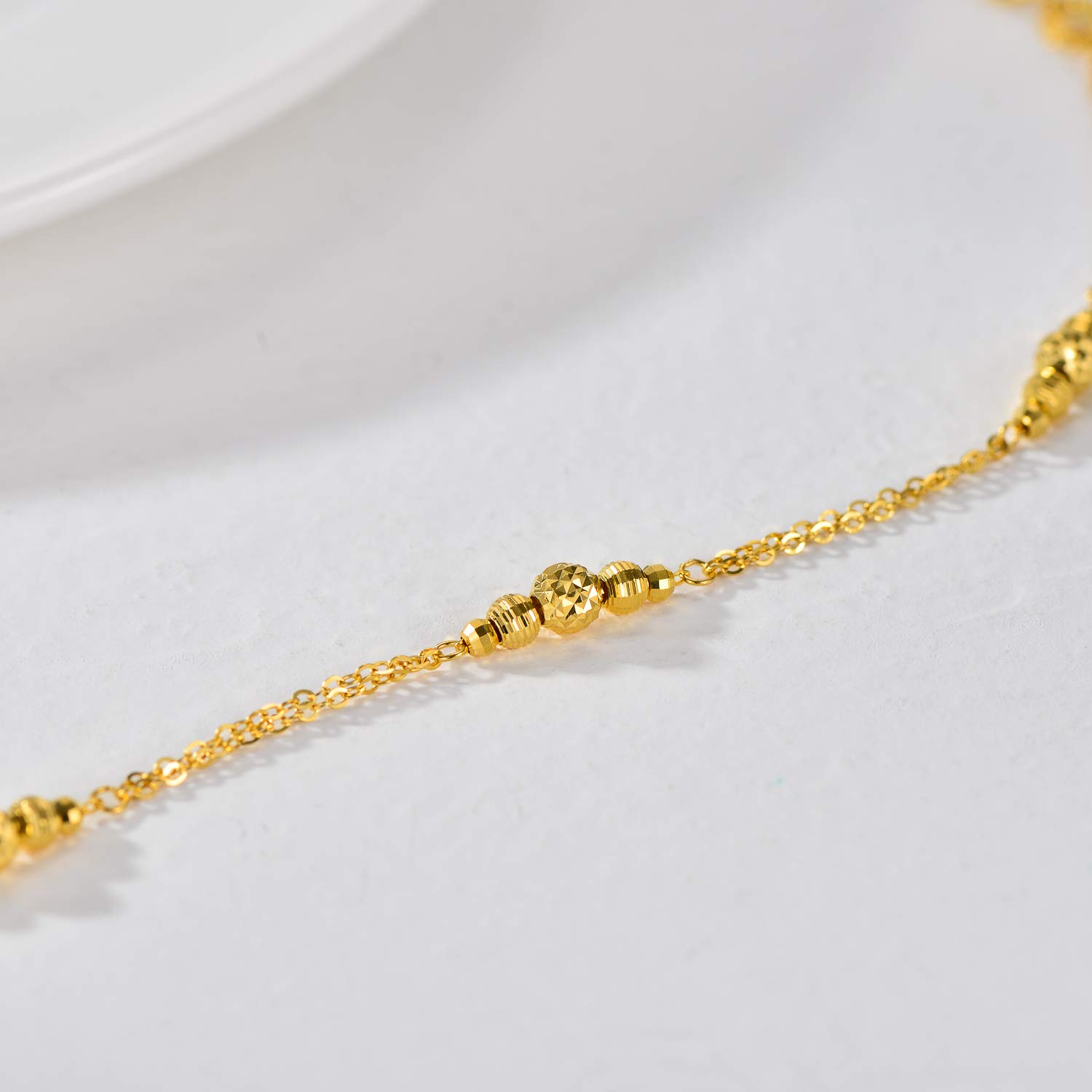 18K Solid Gold Bracelet for Women - Dainty Gold Double Chain Bracelet with Diamond Cut Beads - Elegant Anniversary Jewelry Gift for Wife, Mom, Girlfriend - 7