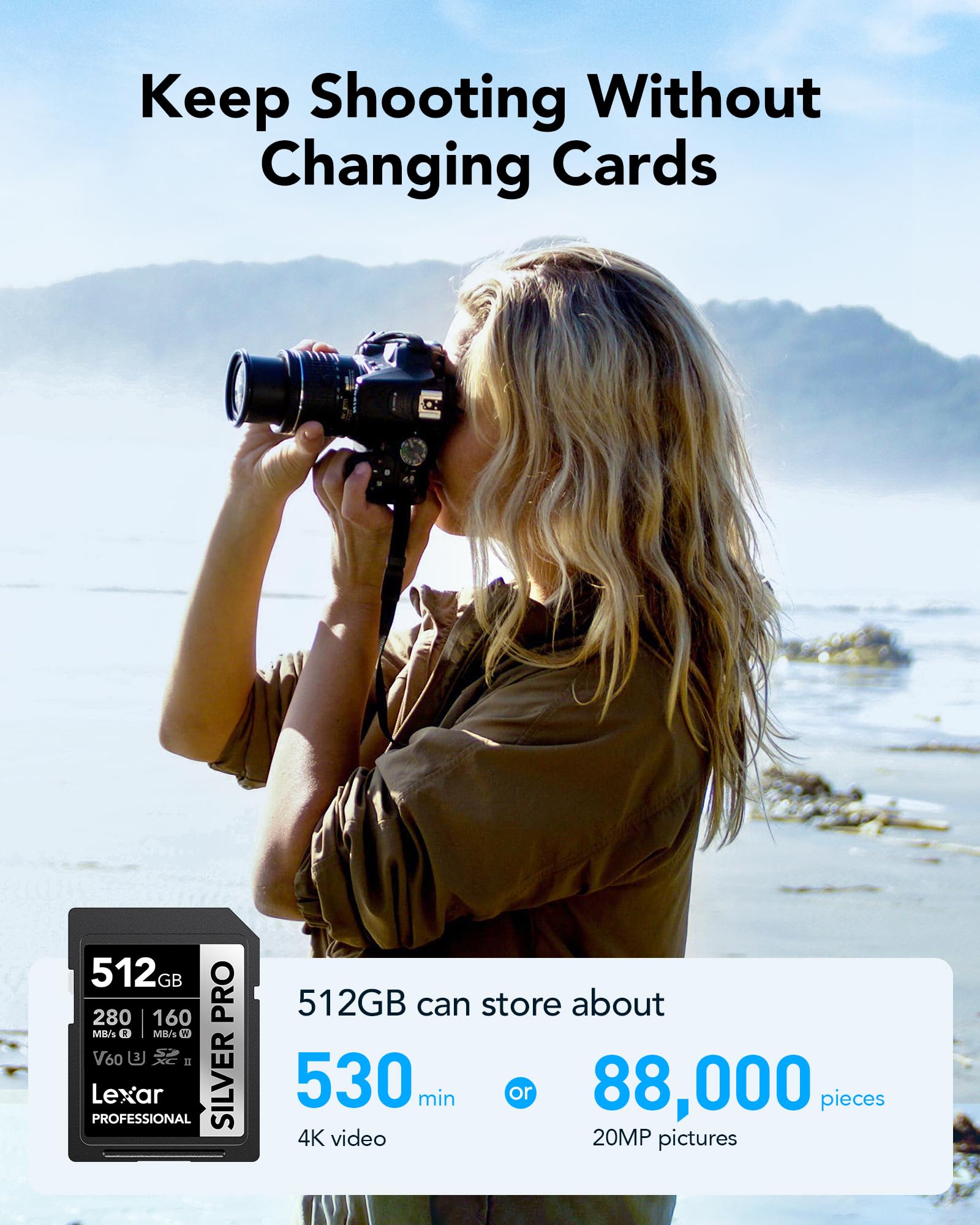 Lexar SILVER PRO 512GB SDXC UHS-II Memory Card - V60, U3, C10, 280MB/s Read, 160MB/s Write - High Speed SD Card for DSLR Cameras, 4K Video, Action Cameras & Professional Photography (LSDSIPR512G-BNNAA) - Perfect for Travel, Sports & Wildlife Photography
