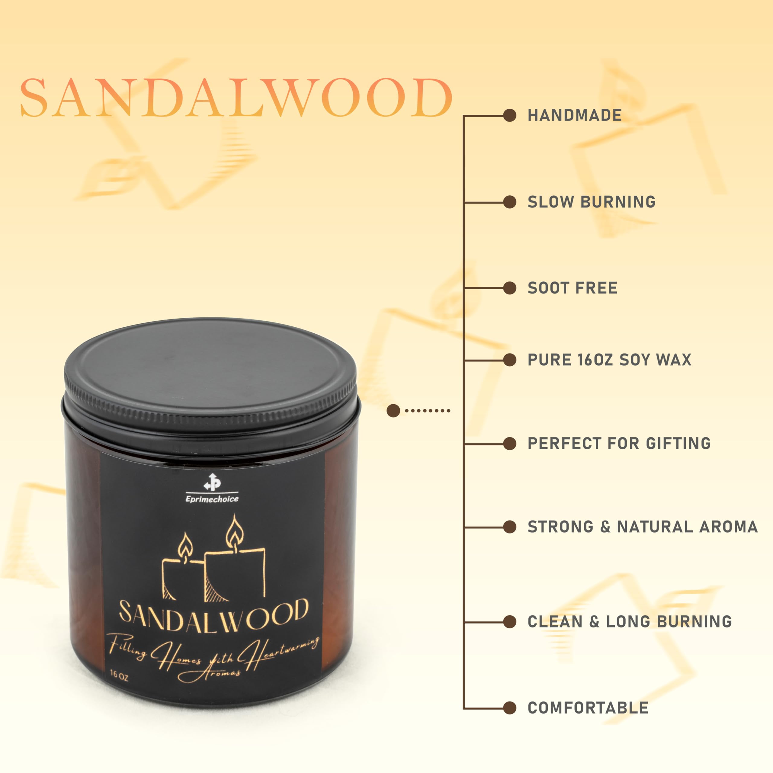 Premium Sandalwood Scented Soy Candle - Handmade Aromatherapy Candle for Relaxation & Stress Relief - Long Lasting 16oz Amber Jar Candle - Perfect for Home Decor, Yoga Meditation & Romantic Gifts for Men and Women
