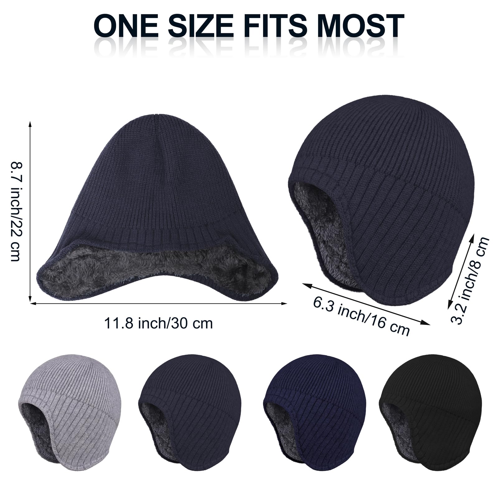Apoway 4 Pack Winter Warm Fleece-Lined Earflap Beanie Hat for Men & Women - Stretchy Skull Cap with Ear Covers for Cold Weather, Outdoor Activities, Skiing & Snowboarding