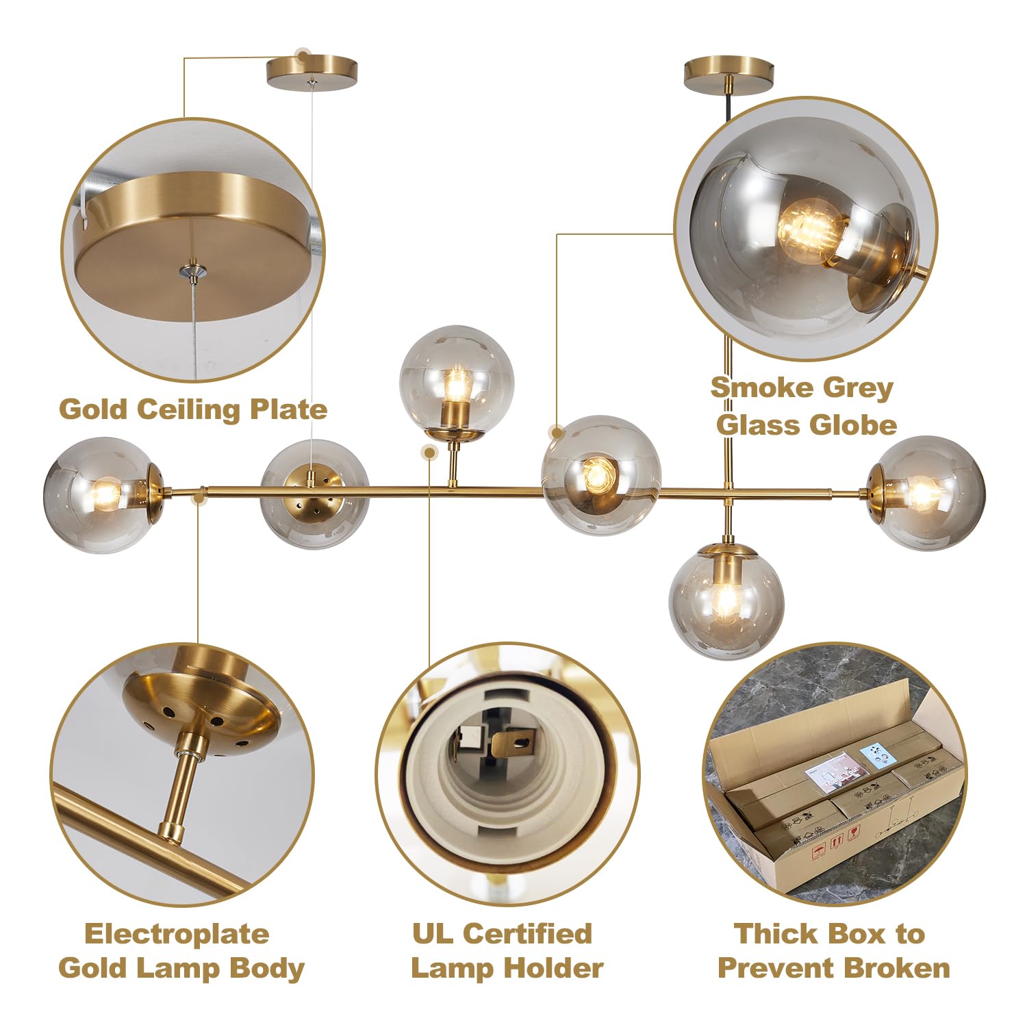 KCO Modern Globe Sputnik Chandelier - 6-Light Gold Linear Pendant Light Fixture with Smoke Gray Glass, Mid Century Style - Perfect for Kitchen Island, Dining Room, Living Room, Entryway & Modern Home Decor