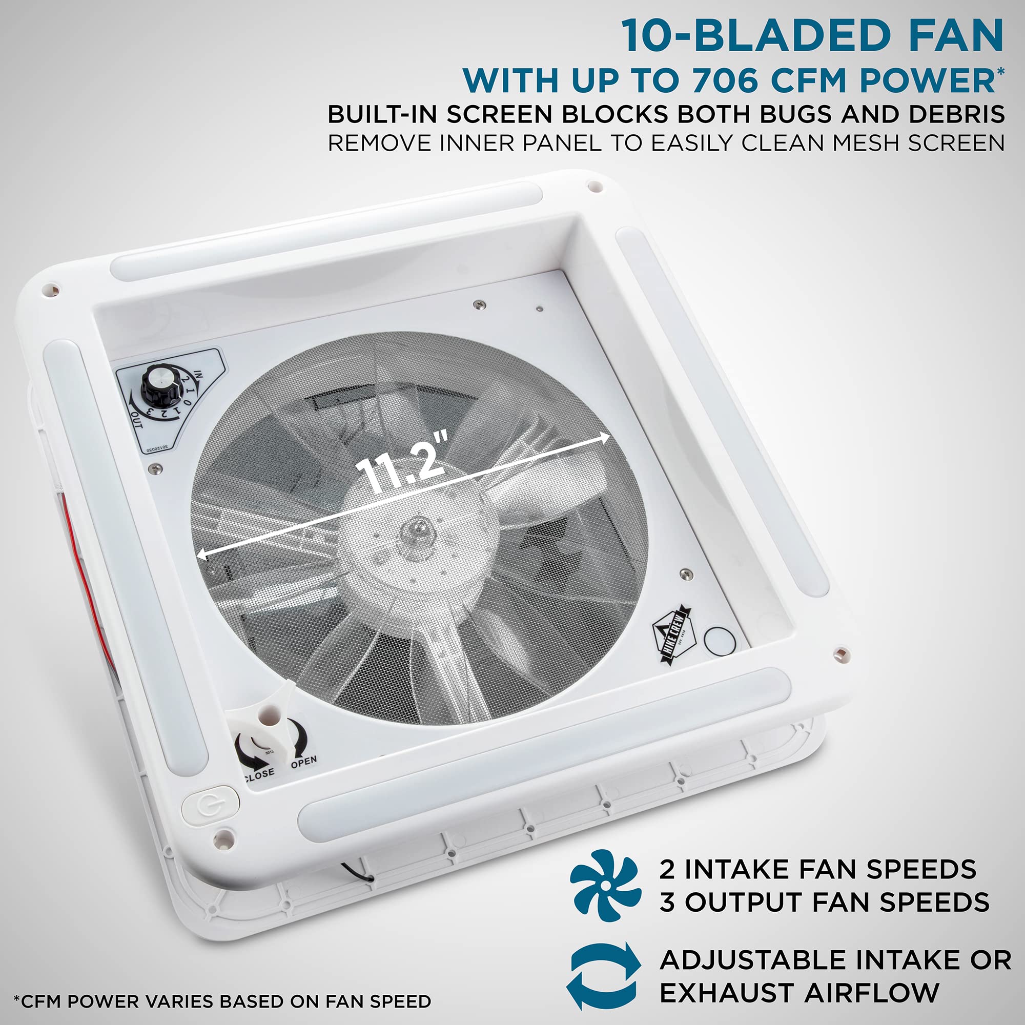 14” RV Roof Vent Fan by Hike Crew - 12V 3-Speed Intake & Exhaust Camper Fan with Manual Open/Close | Includes Screws & White Lid Garnish | Perfect for RV, Camper & Van Life Ventilation