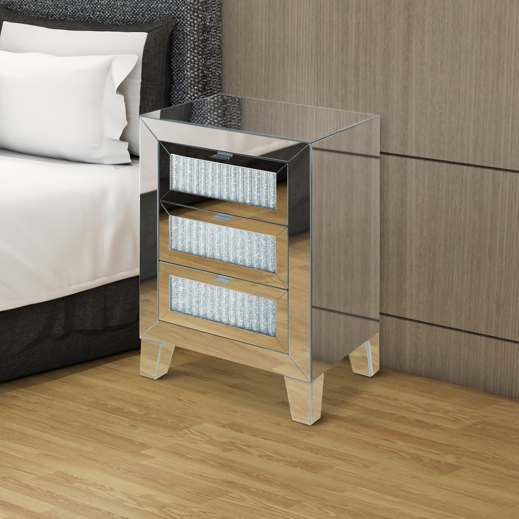 Benjara Modern Wooden Mirrored Nightstand with 3 Drawers in Silver Finish - Perfect for Bedroom, Guest Room, or Vanity Dressing Table