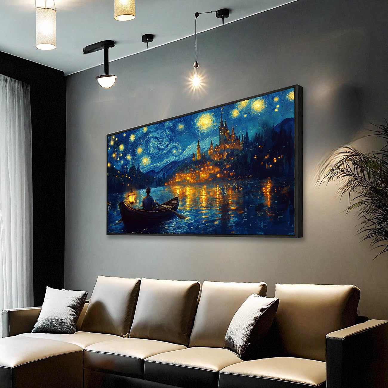 Van Gogh Starry Night Over the Rhone Canvas Wall Art - 20x40 Inches Framed Painting, Premium Home Decor for Living Room, Bedroom & Office - Perfect Gift for Art Lovers & Van Gogh Fans