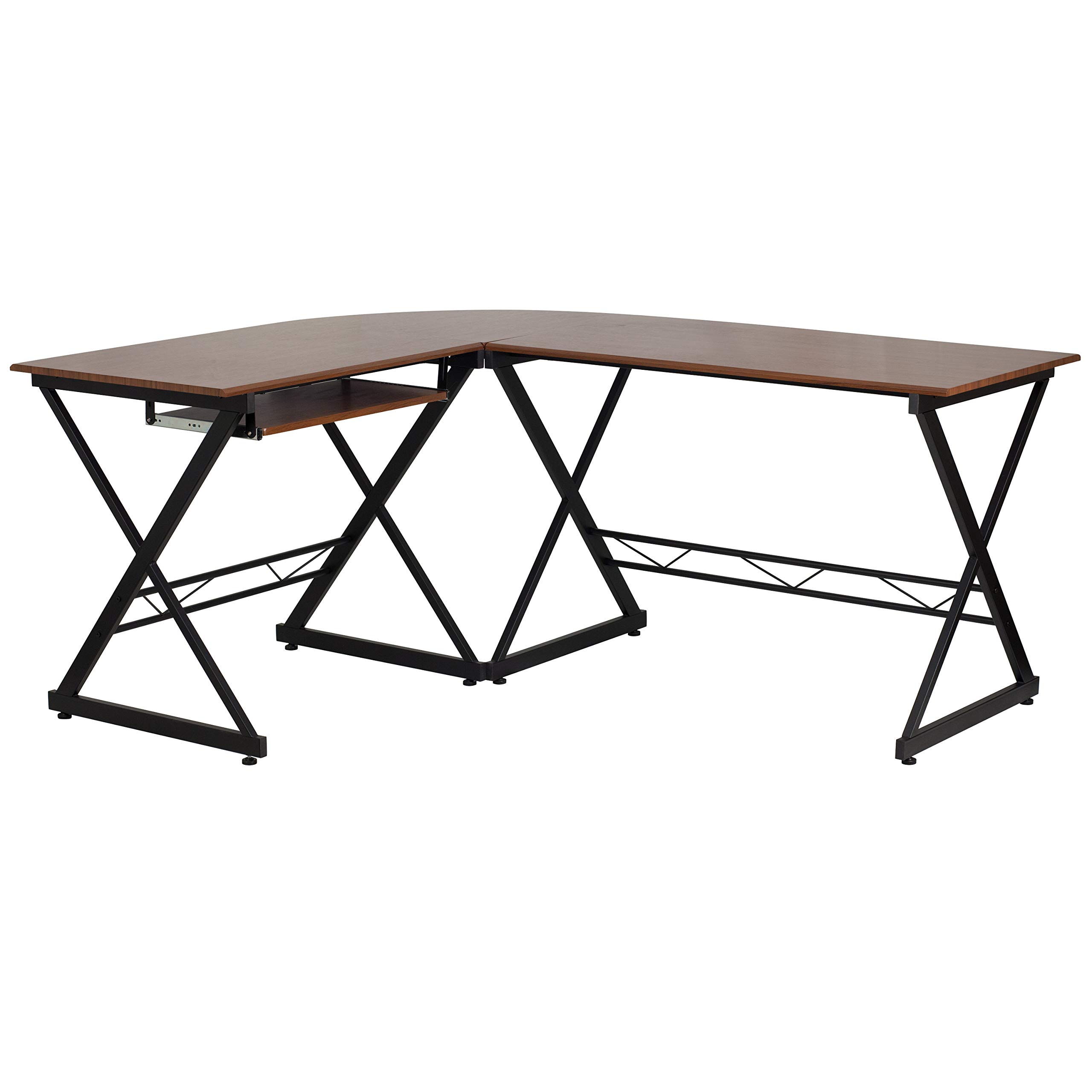 EMMA + OLIVER Teakwood Laminate L-Shape Computer Desk with Keyboard Tray - Modern Home Office Desk for Work & Study, Ergonomic Writing Desk with Storage Shelf for Small Spaces