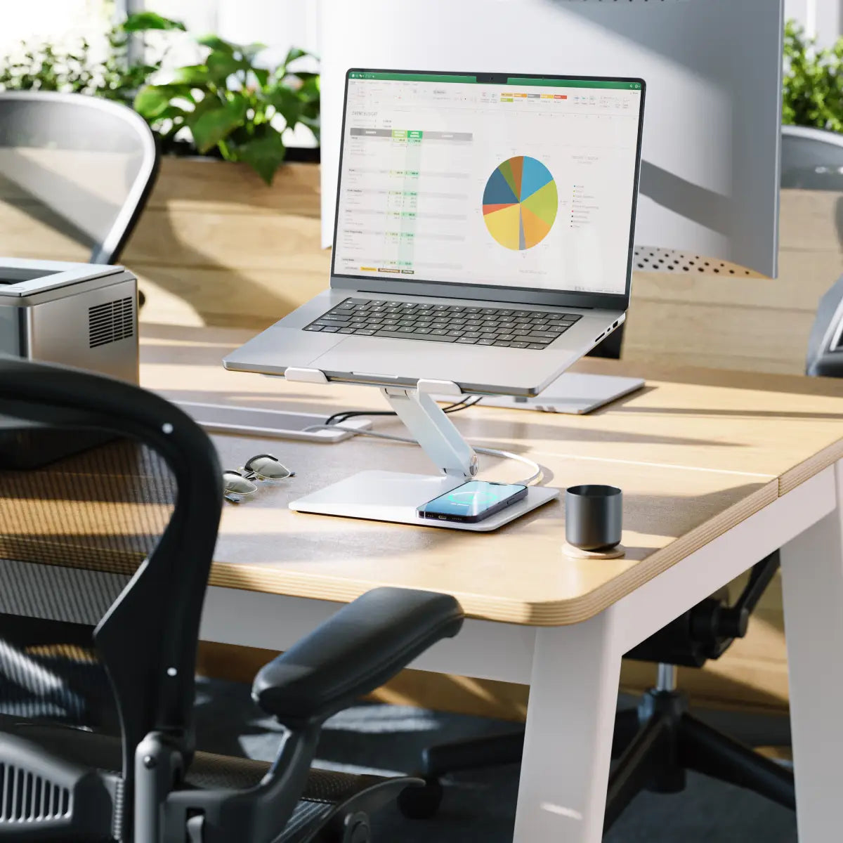 Premium Aluminum Laptop Stand with Qi Wireless Charger - Adjustable Ergonomic Computer Riser for MacBook, iPad & Office Workspace Setup