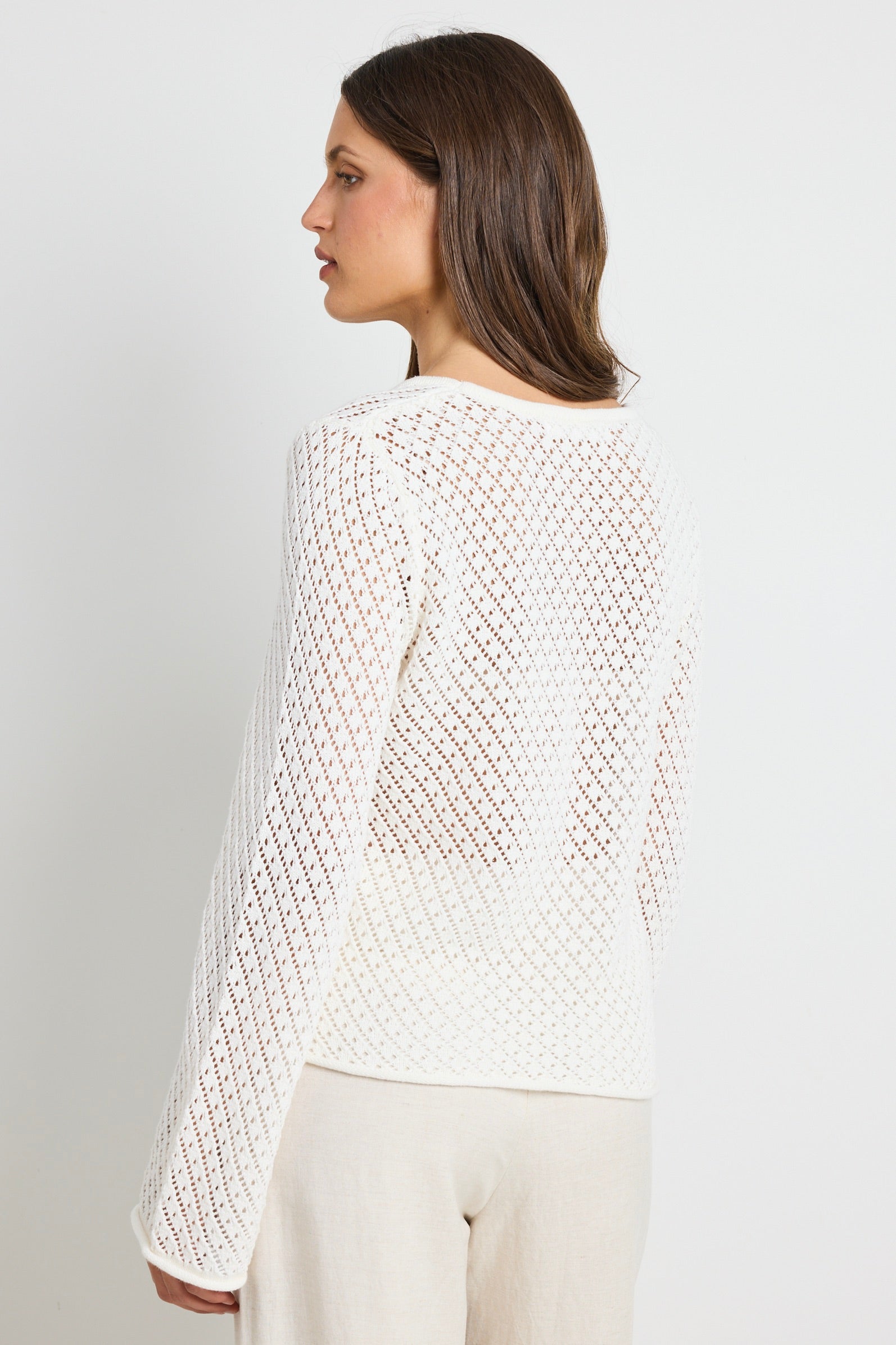 Aurora Ivory Scoop Neck Crochet Knit Jumper Sweater - Women's Elegant Lace Pullover for Fall & Winter, Perfect for Dates, Parties and Office Wear