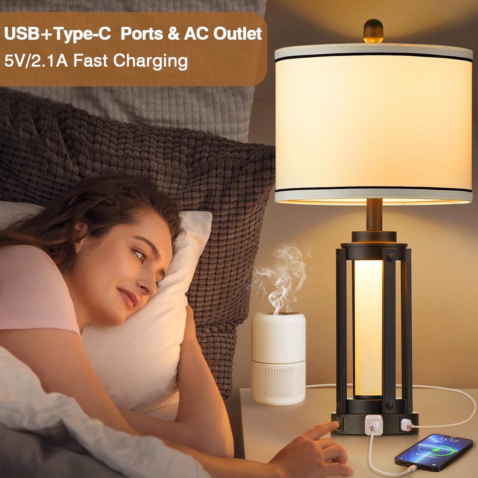 Modern Industrial Table Lamps Set of 2 with USB A+C Charging Ports & AC Outlet - Glass Night Light Bedside Lamps for Living Room, Bedroom, Office - Includes 4 Bulbs (White) - Perfect for Night Reading, Charging Devices & Home Decor