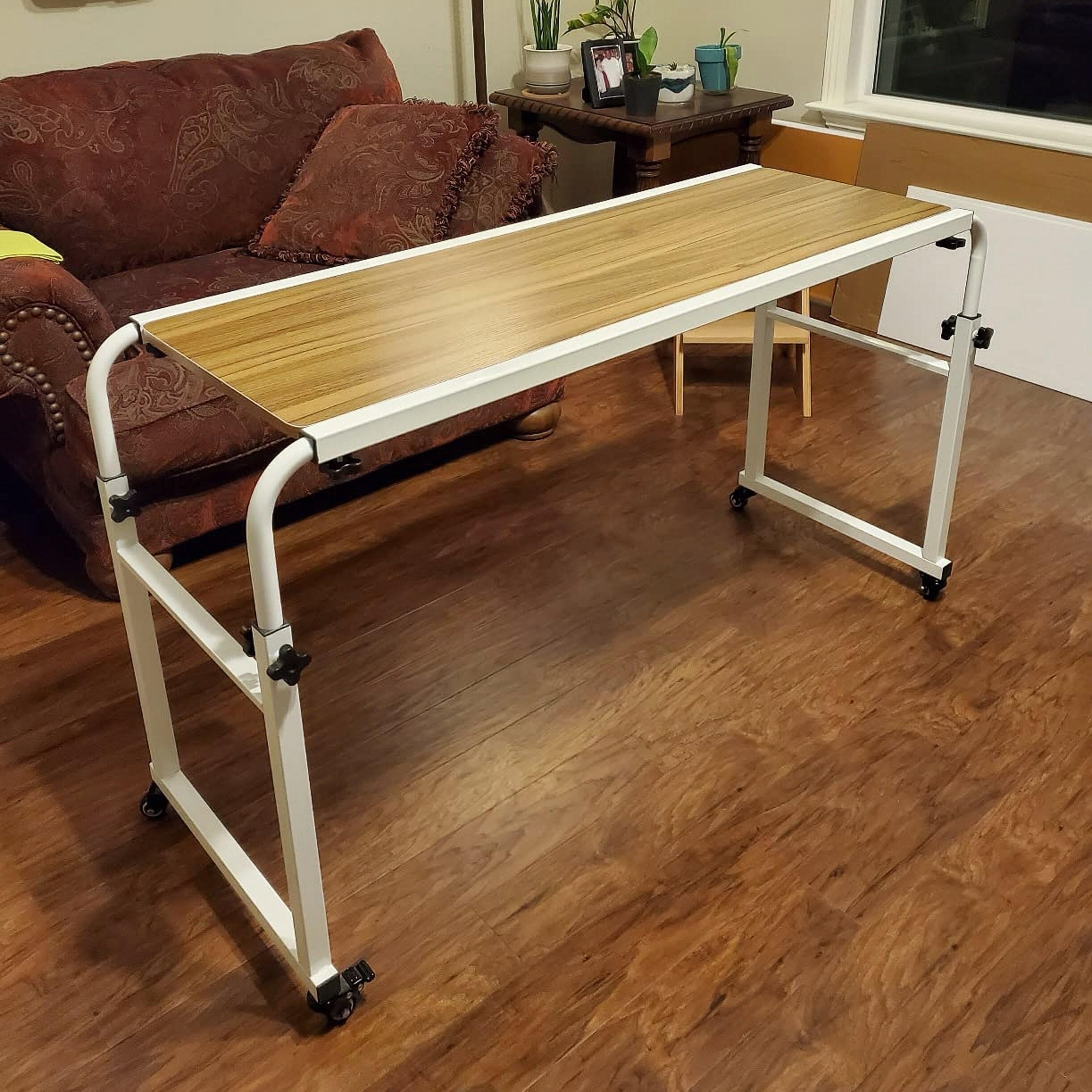 Adjustable Overbed Table with Wheels - Rolling Laptop Desk for Hospital, Home & Office - White - Perfect for Eating, Working & Reading in Bed