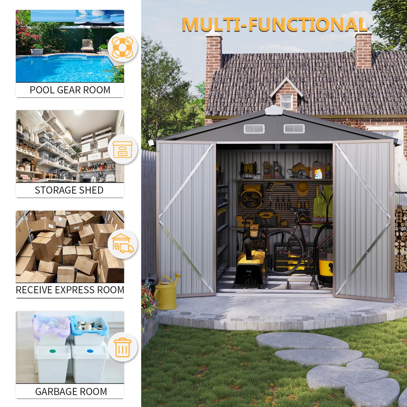 8x5.6ft Outdoor Storage Shed with Base - Heavy Duty Metal Garden Shed for Lawn Mower, Bike, Tools | Lockable Door for Backyard, Patio & Garage Organization | Weatherproof Outdoor Storage Solution