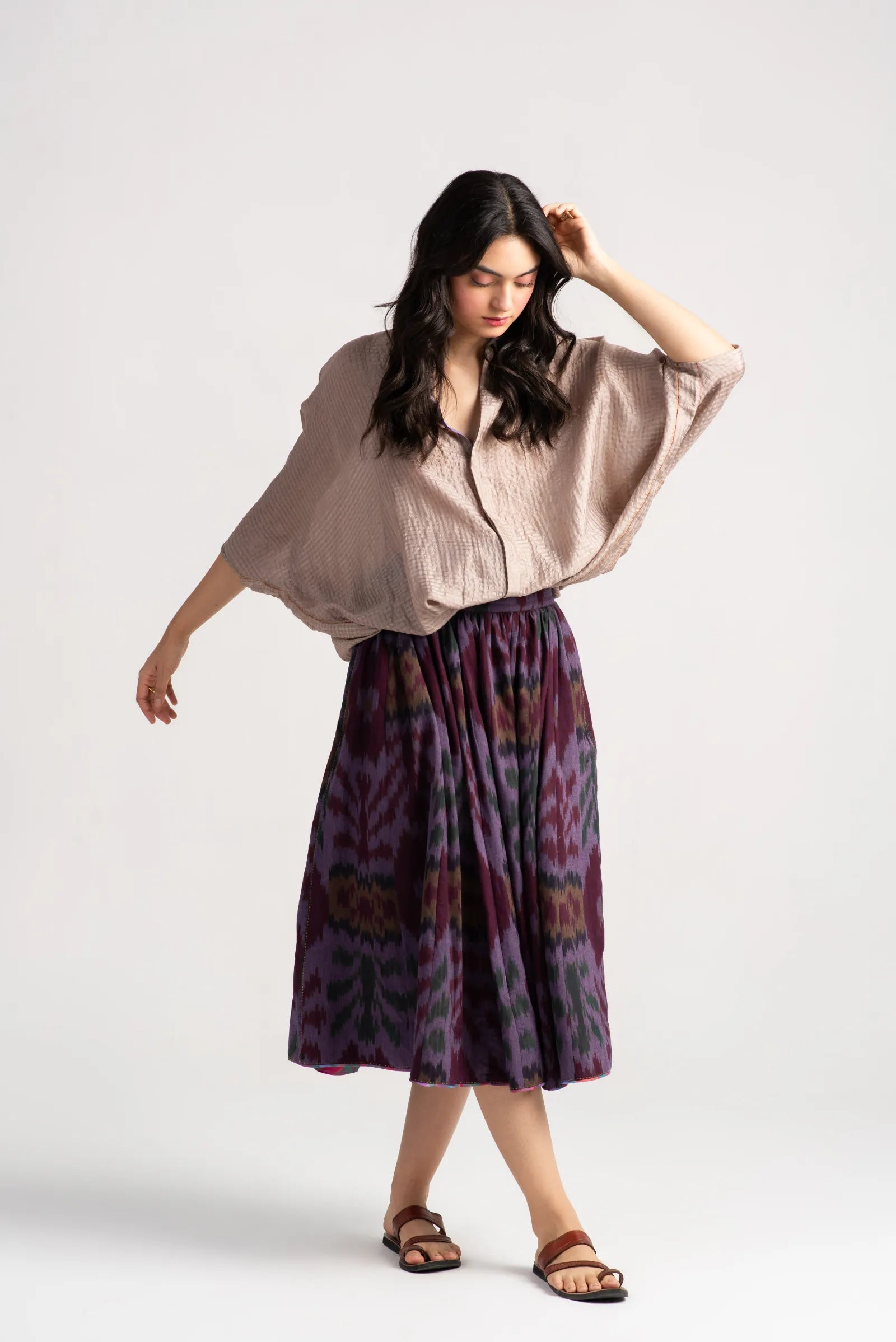 Nargis Cotton Ikat Skirt in Lilac Wine - Boho Chic Midi Skirt for Women, Perfect for Summer Outfits, Beach Vacations & Casual Wear
