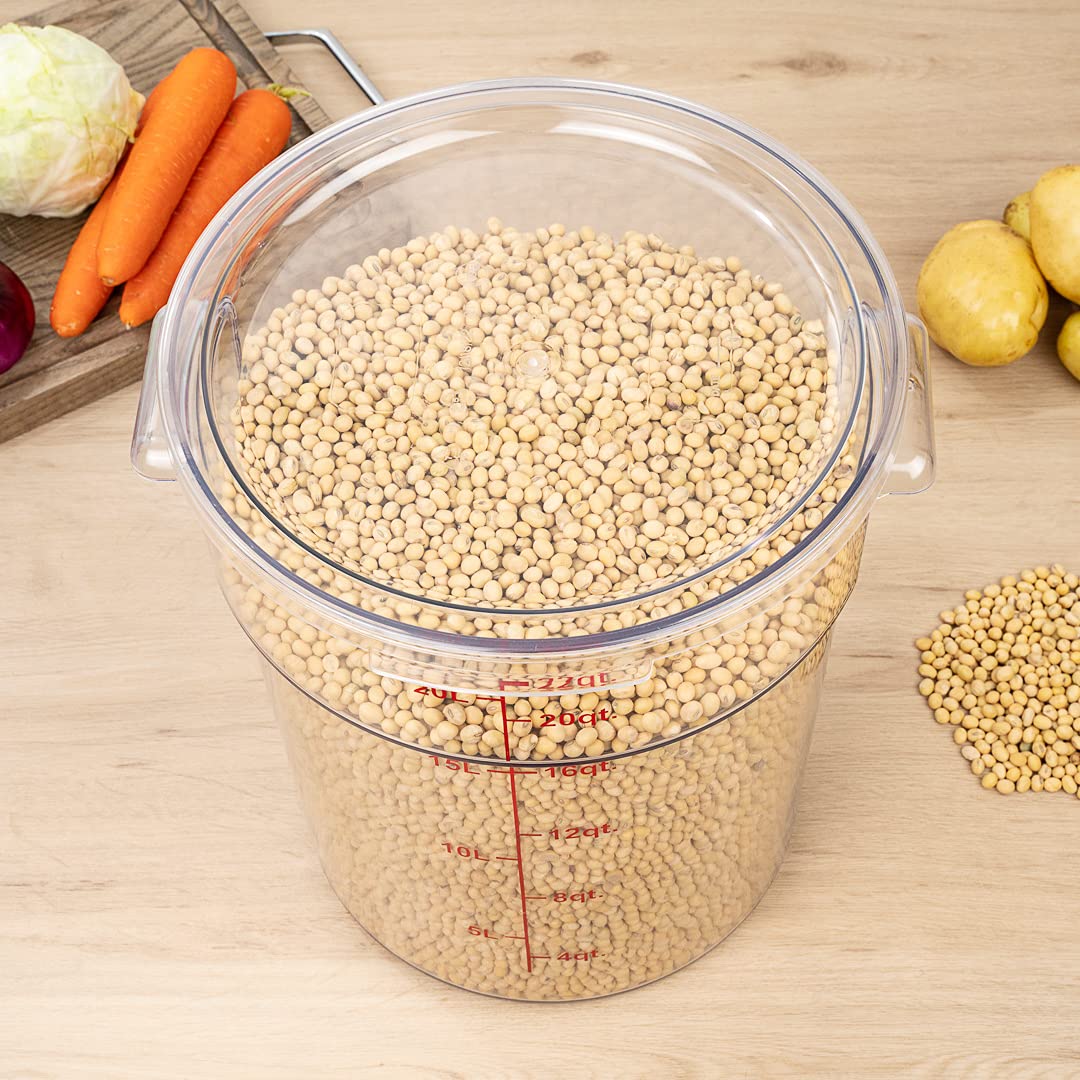 Restaurantware Met Lux 22 Quart (20.8L) Clear Plastic Food Storage Containers - 10-Pack Round Commercial Food Prep Buckets with Volume Markers | Space-Saving Kitchen Organization for Restaurants, Catering & Bulk Food Storage (Lids Sold Separately)