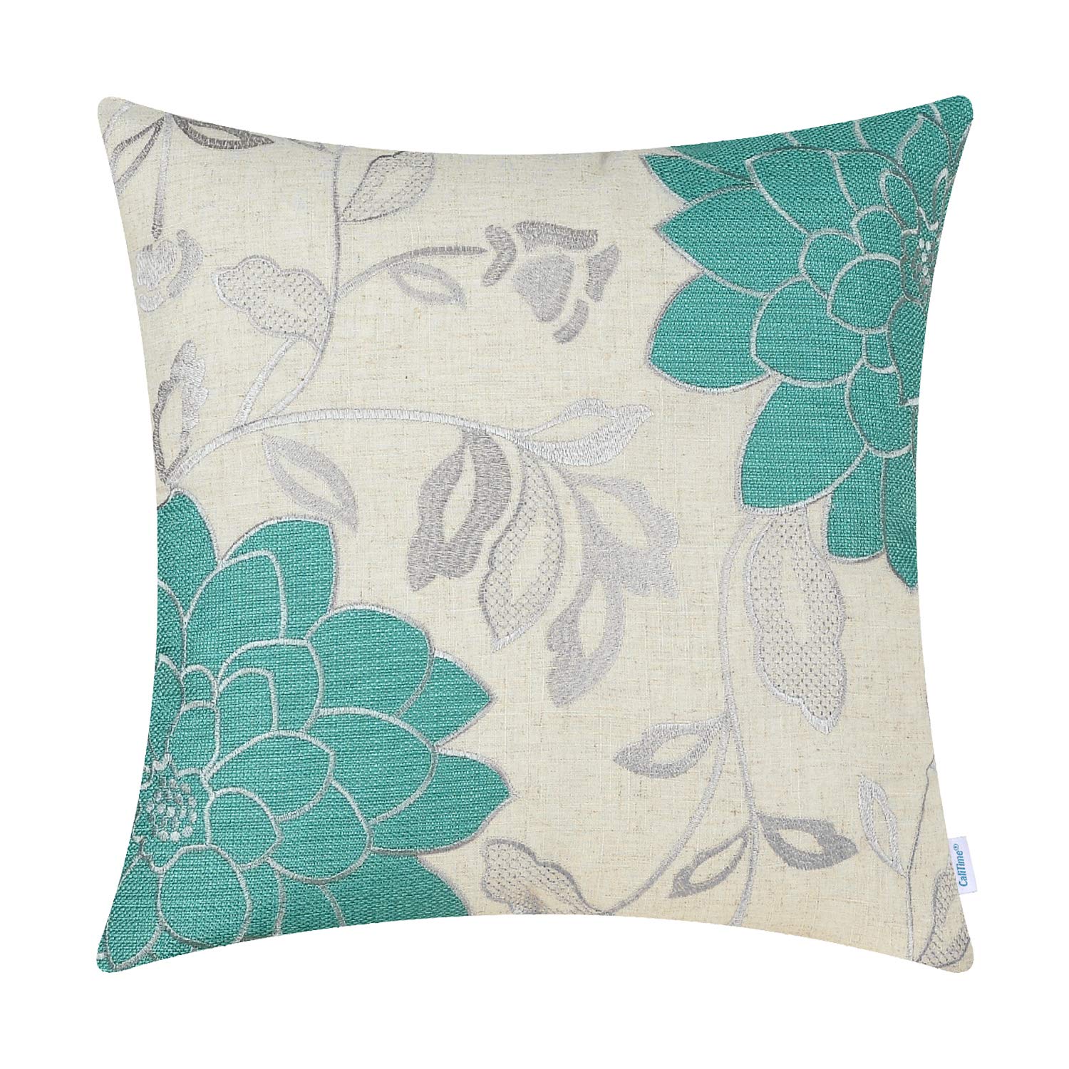 Premium Vintage Dahlia Floral Embroidered Throw Pillow Cover 18x18 Inches - Teal & Silver Sofa Couch Decorative Pillow Case for Living Room, Bedroom & Home Decor - Elegant Home Accent Gift for Housewarming