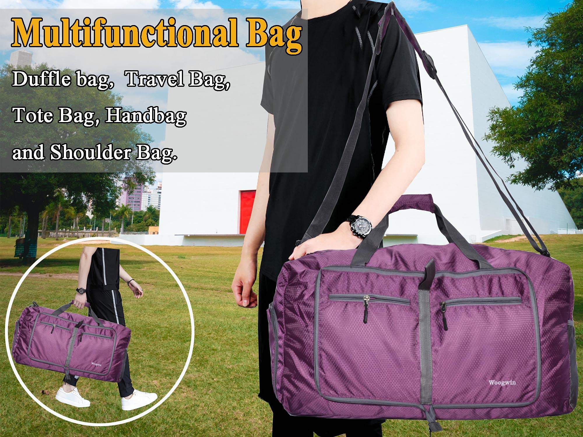Woogwin Large Foldable Waterproof Travel Duffel Bag - Durable Overnight Gym Bag for Beach, Swim, Pool & Sports Activities