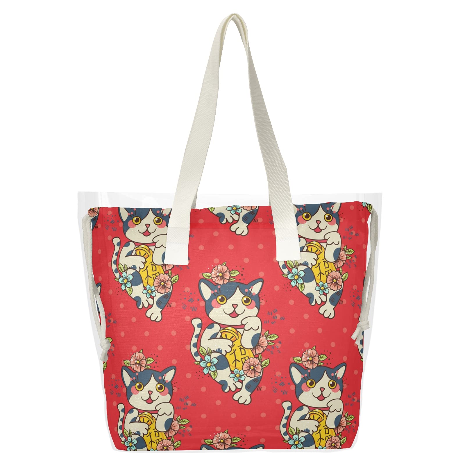 Maneki Neko Clear Tote Bags for Women - 2 in 1 Transparent Shoulder Bag & Shopping Beach Tote | See-Through Canvas Handbag for Travel, Date, Party & Casual Outfits | Perfect for Beach Days, Grocery Shopping & Festival Fashion