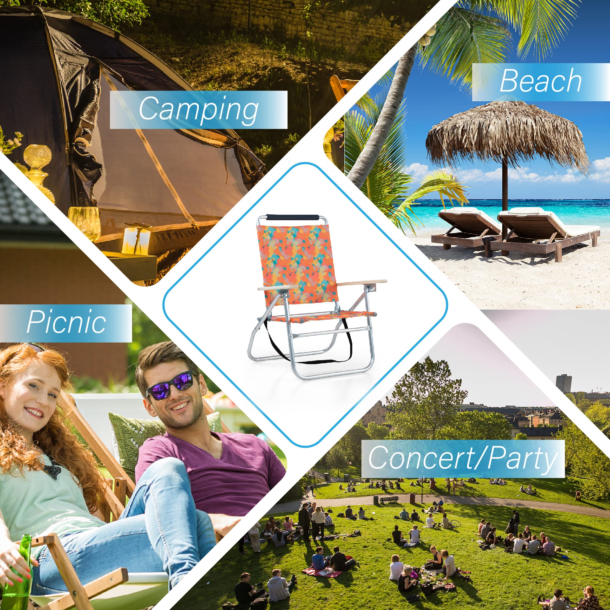 GREEN PARTY 2 Pack Lightweight Aluminum Folding Beach Chairs with Cooler Bag & Armrest - Reclining Outdoor Chairs for Camping, Lawn, Pool & Beach - Supports 250LBS - Perfect for Relaxing, Sunbathing & Picnics