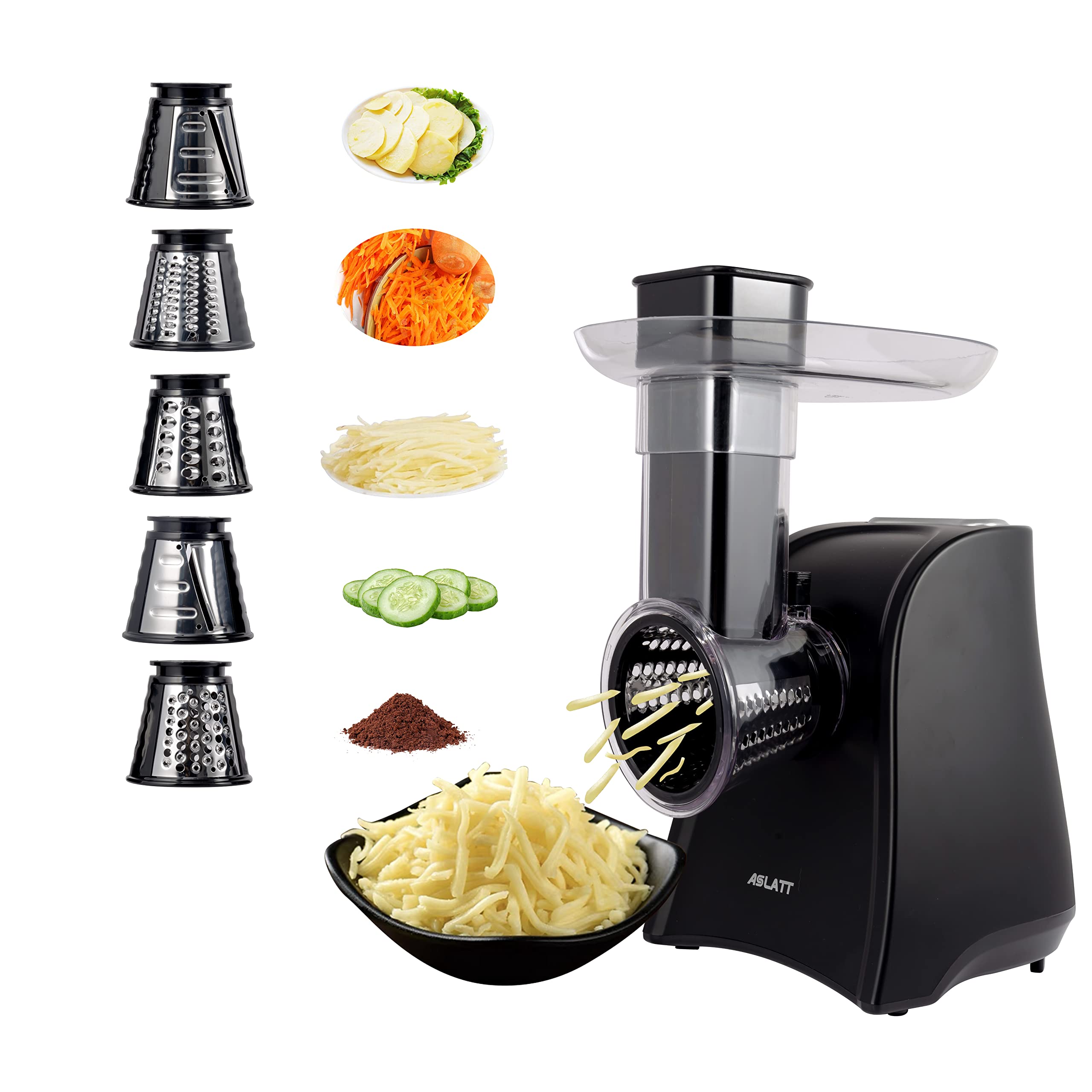 Electric Slicer & Cheese Grater - One-Touch Control Kitchen Appliance with 5 Attachments for Fruits, Vegetables, Cheese | Perfect for Home Cooking, Meal Prep & Salad Making