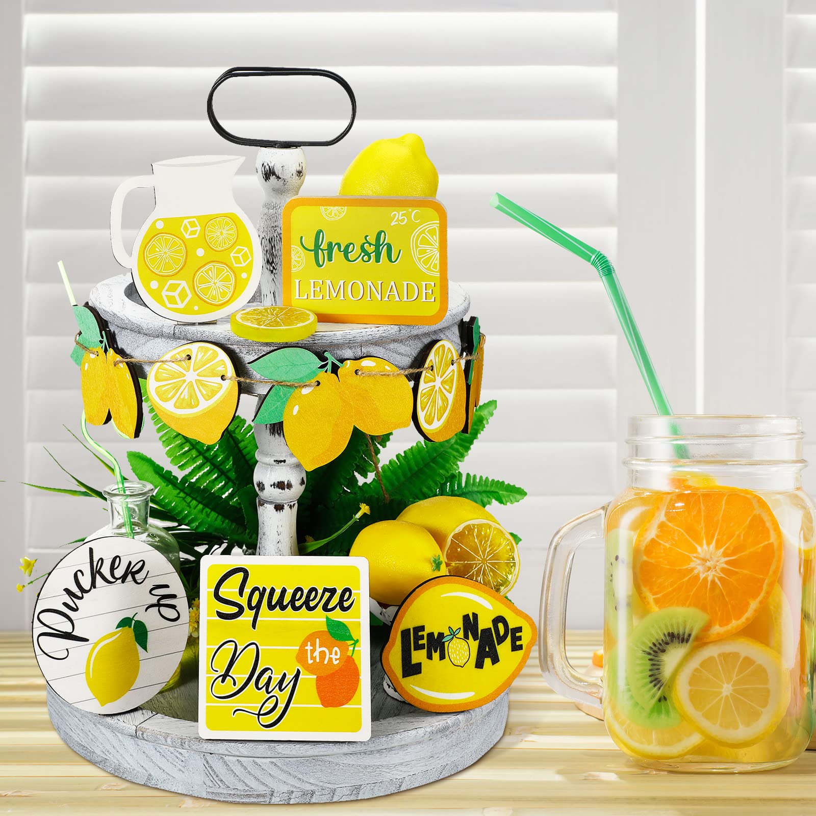11 Pcs Lemon Summer Tiered Tray Decor Set - Farmhouse Wood Signs for Home & Party Decorations