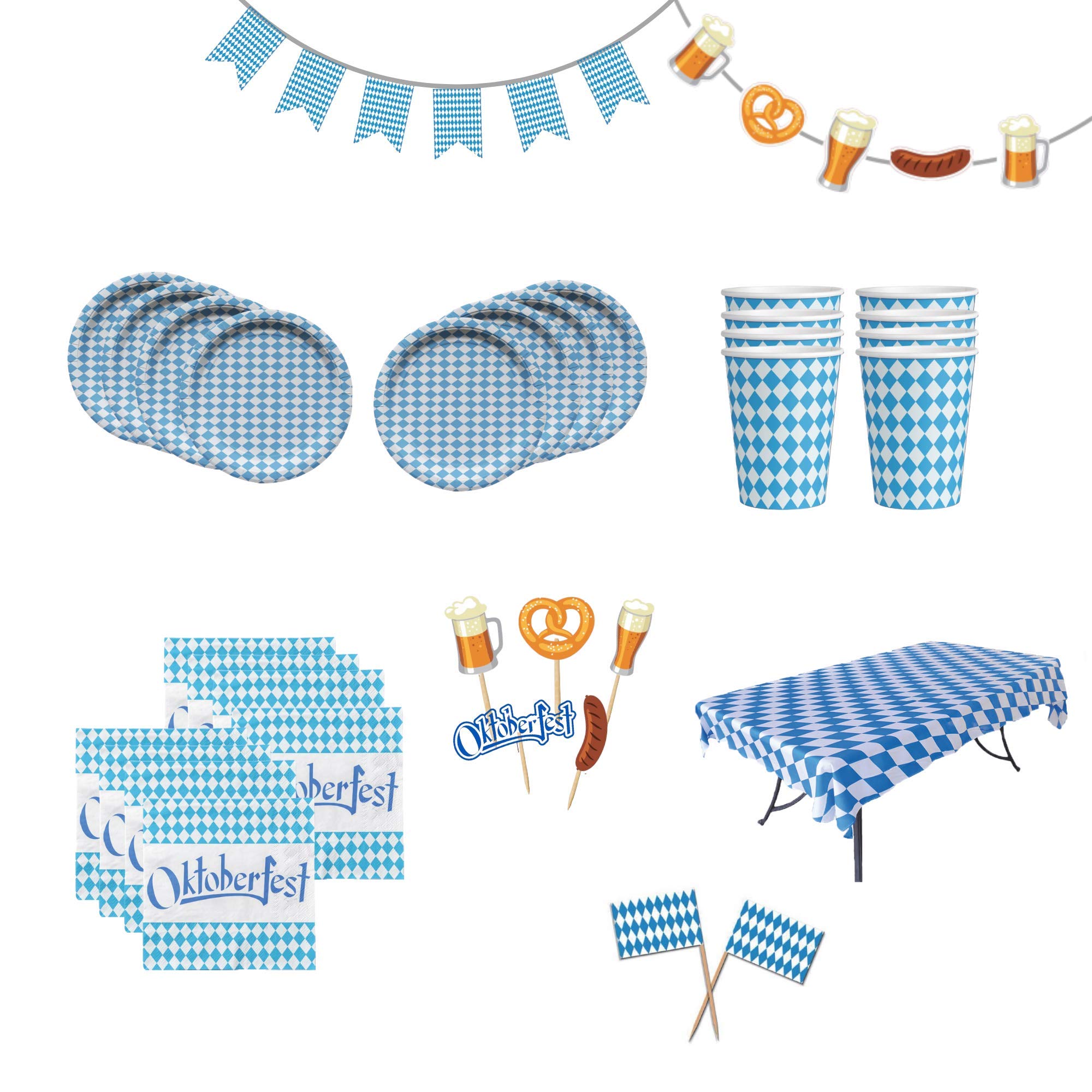 Deluxe Oktoberfest Party Pack for 16 - Bavarian Themed Tablecloth, Plates, Cups, Napkins & Decorations | Perfect for German Beer Festivals, Oktoberfest Celebrations & Themed Parties