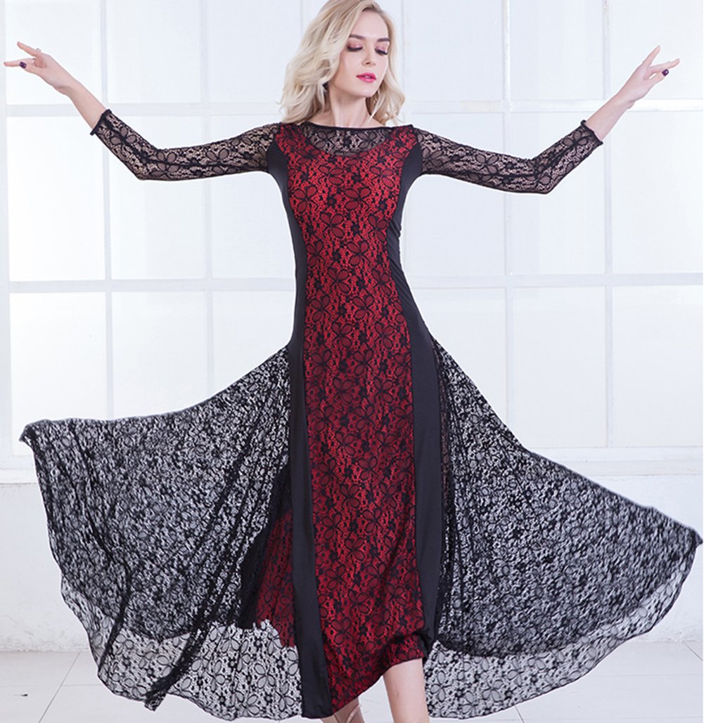 Elegant Floral Ballroom Dance Dress for Women - Modern Waltz & Foxtrot Competition Gown with Lace Details | Perfect for Standard Ballroom Performances & Dance Events