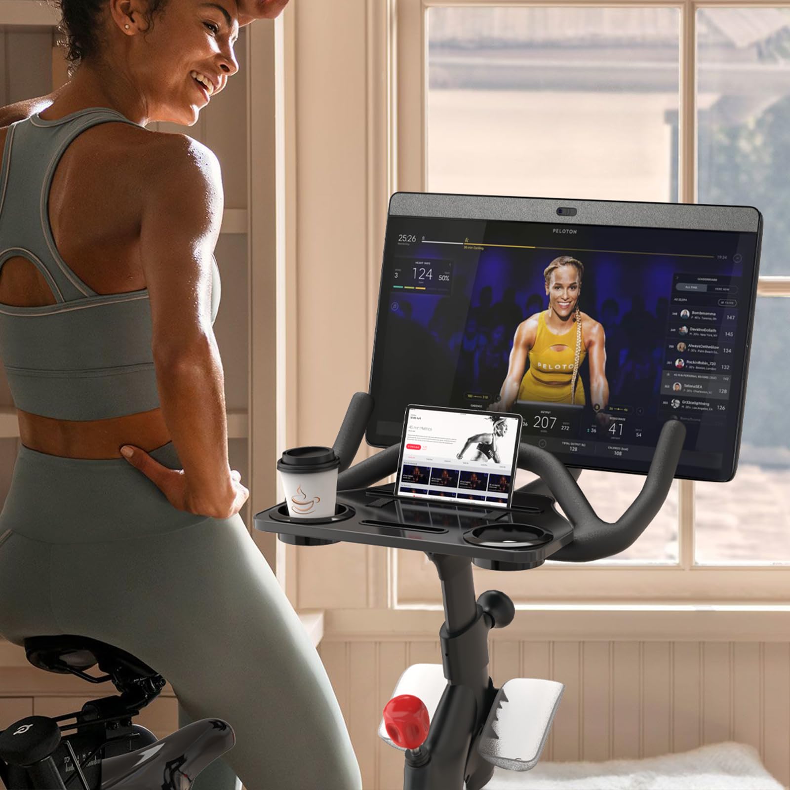 Ergonomic Desk Tray for Peloton Bike+ (Not Bike) - Adjustable Holder for Phone, Cup, Tablet - Black Workout Accessory - Perfect for Home Gym, Cycling & Multitasking