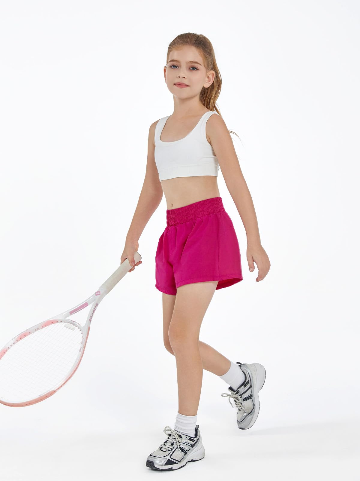 Haloumoning High Waist Athletic Shorts for Girls - 2-in-1 Running Shorts with Side Pockets - Stretchy Comfort for Ages 5-14 - Perfect for Sports, Gym & Outdoor Activities