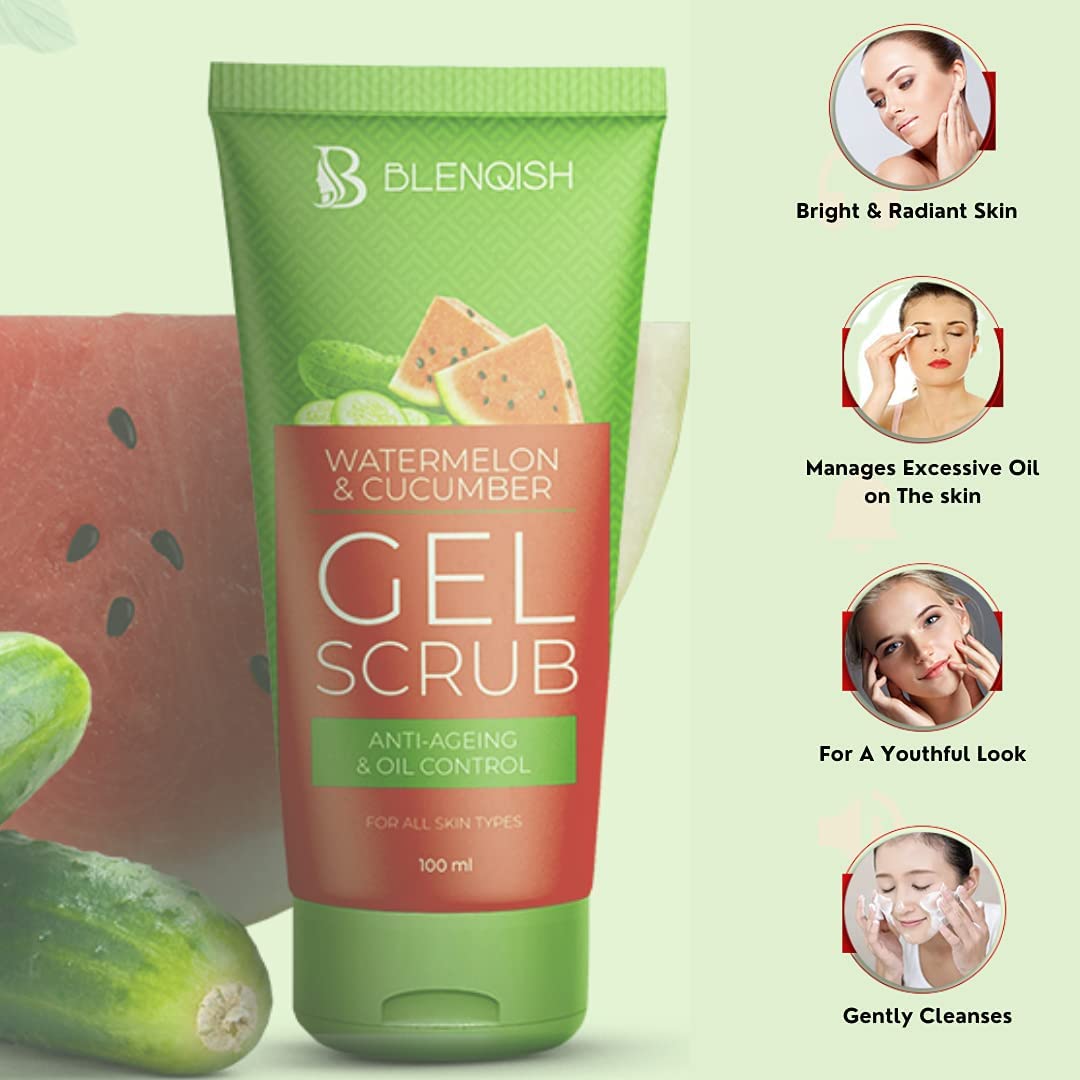 BLENQISH Watermelon & Cucumber Face Scrub & Hydrating Cream - 72H Moisture Boost, Oil Control & Anti-Aging for All Skin Types | Gentle Exfoliation & Deep Hydration | Reduces Wrinkles | Perfect for Daily Skincare & Post-Makeup Cleansing