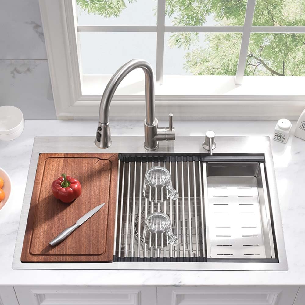 31x20 Inch Stainless Steel Single Bowl Drop-In Kitchen Sink Workstation - 16 Gauge Handmade Topmount Sink with Cutting Board | Perfect for Food Prep, Dishwashing & Small Kitchen Spaces